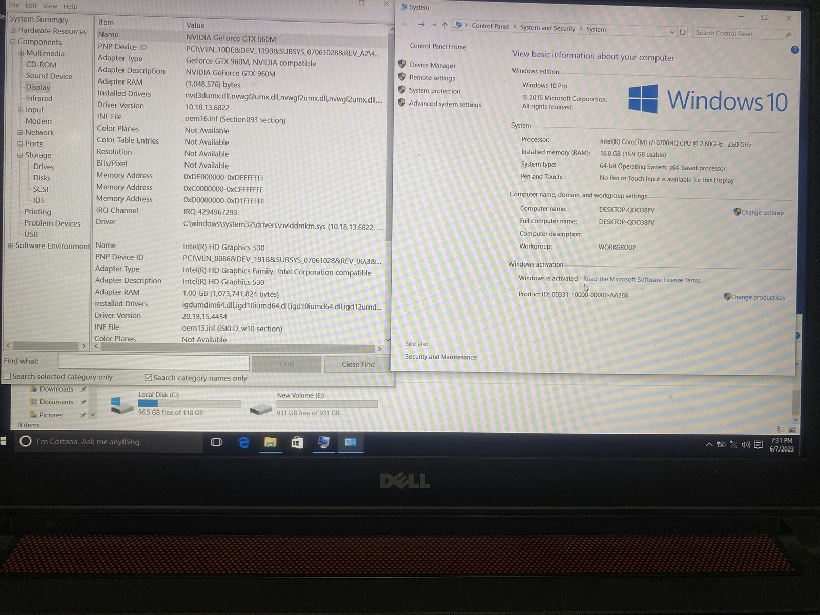 Dell Inspiron 15 Intel Core i7-6700HQ 2.6GHz 16GBRAM 128GBSSD 1TBHDD Win 10Pro