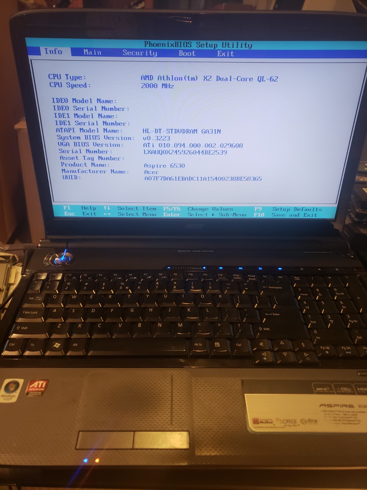 Acer Aspire 6530 Rare Laptop AMD Athlon x2 2ghz ATI 256mb 1gb NO HDD POWERS ON