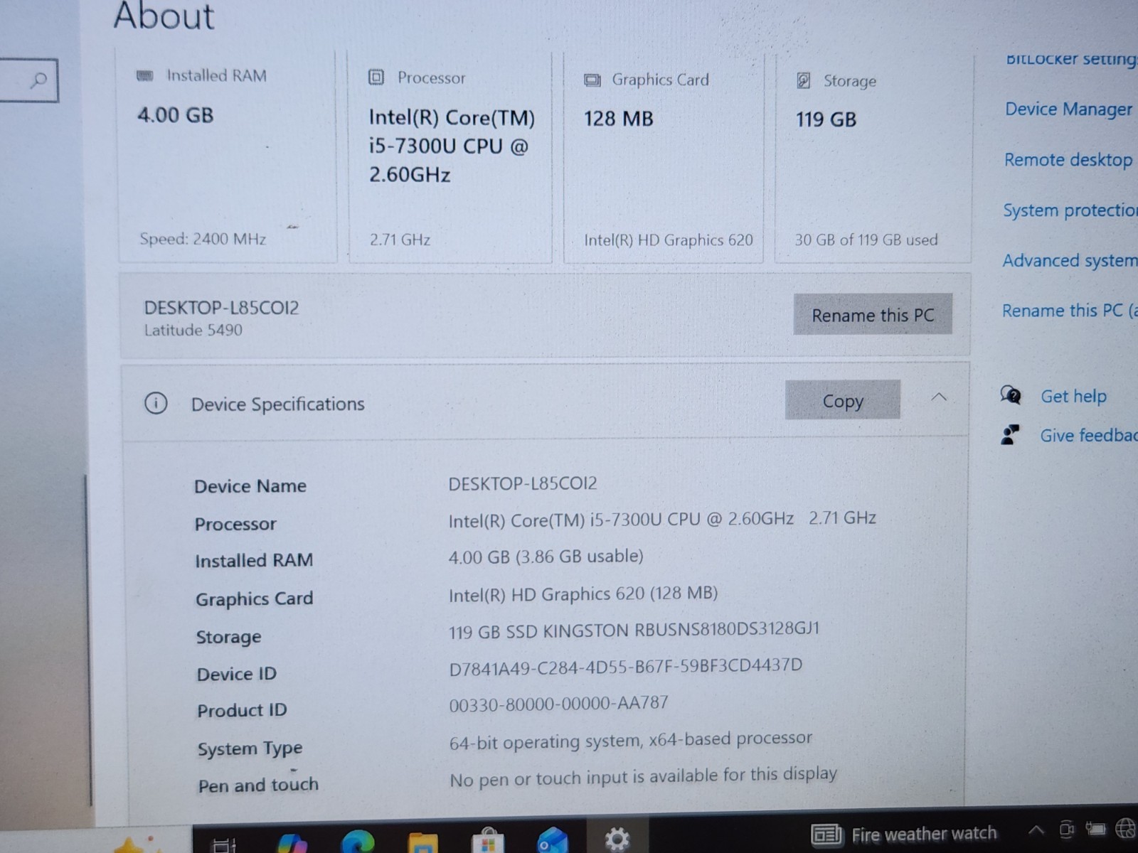 Dell Latitude 5490 Laptop i5-7th Gen @ 2.6 GHz 4GB RAM 128GB SSD W10P