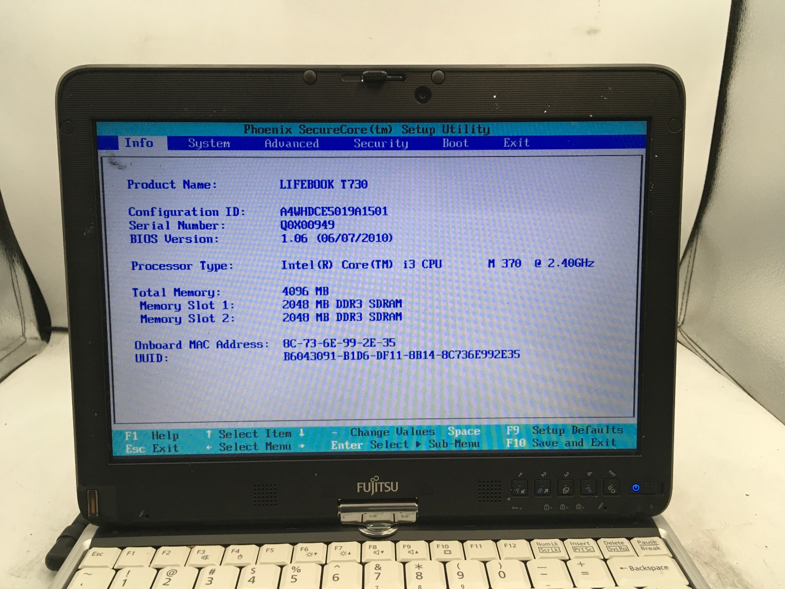 FUJITSU LIFEBOOK TSERIES T730 – BOOTS TO BIOS – INTEL I3 M370 – 4GB RAM -READ-BB