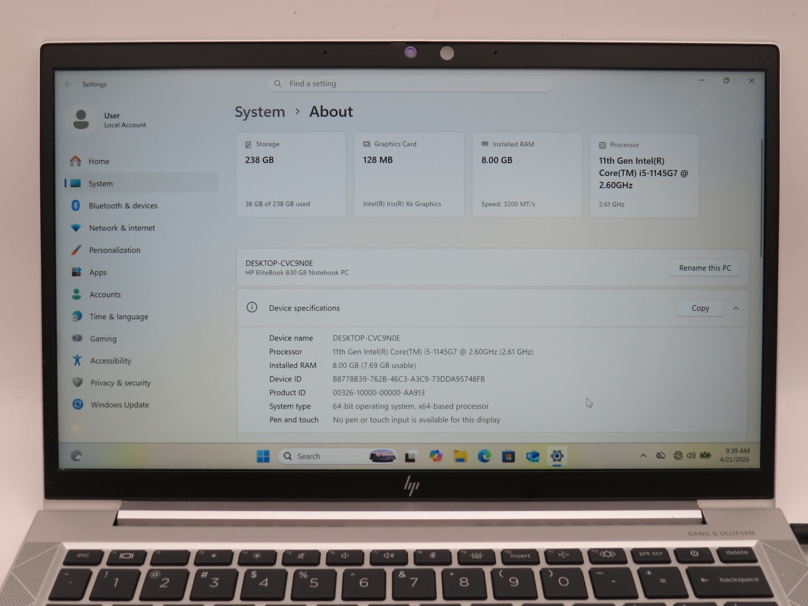 HP EliteBook 830 G8 i5-1145G7 @ 2.61GHz 8GB DDR4 256GB m2 13.3″ Win 11