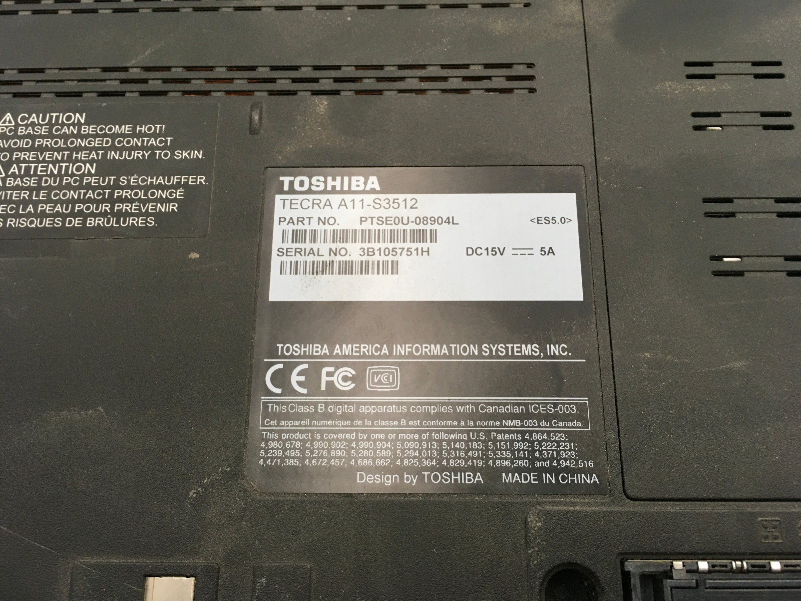 TOSHIBA TECRA A11 S3512 – FOR PARTS – INTEL CORE i3-370M – 3GB RAM – READ – BB