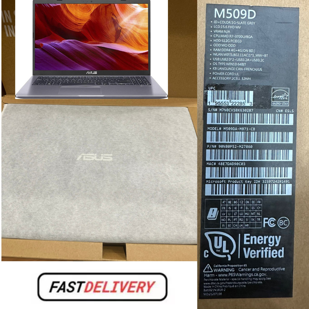 Asus 15.6”FHD Laptop-AMD Ryzen 7-3700U, 8GB RAM, 512GB, Win 10 Slate Grey -M509D
