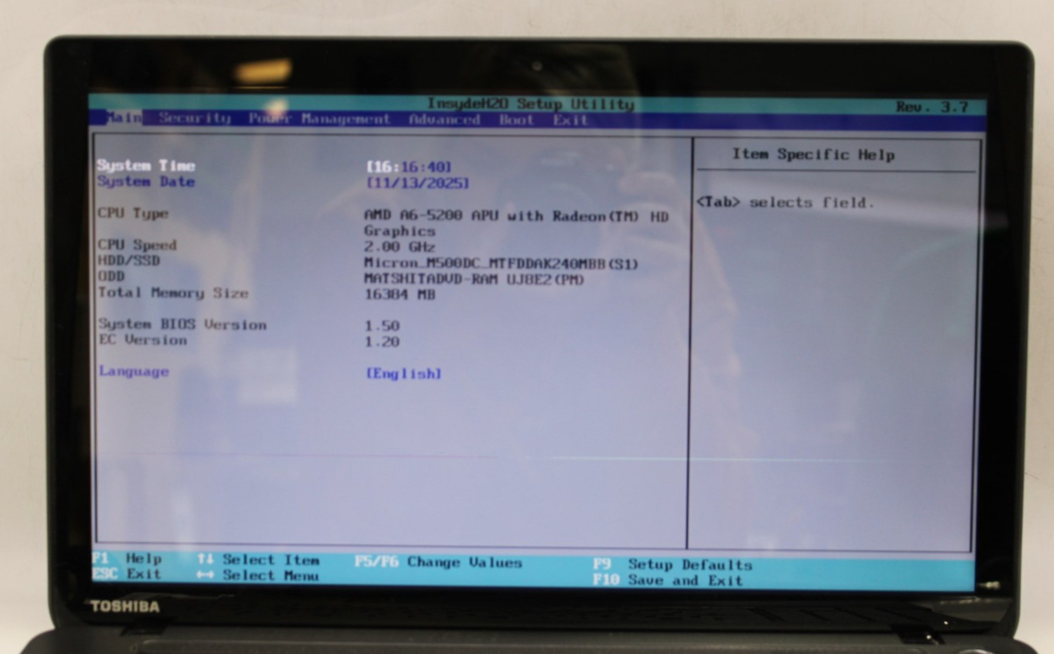 Toshiba Satelite AMD A6-5200@2.0GHz 16GB DDR3 RAM 240GB SATA NO OS *USED/TESTED*
