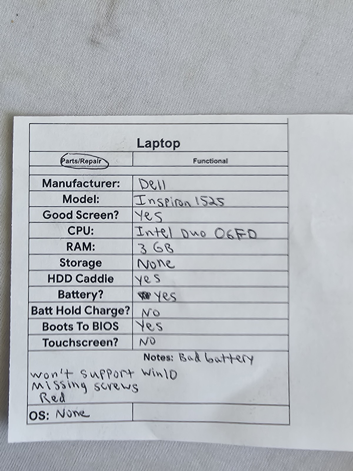 Dell Inspiron 1525 Laptop – Intel Duo 06FD – 3GB RAM – BAD BATT – Parts – READ