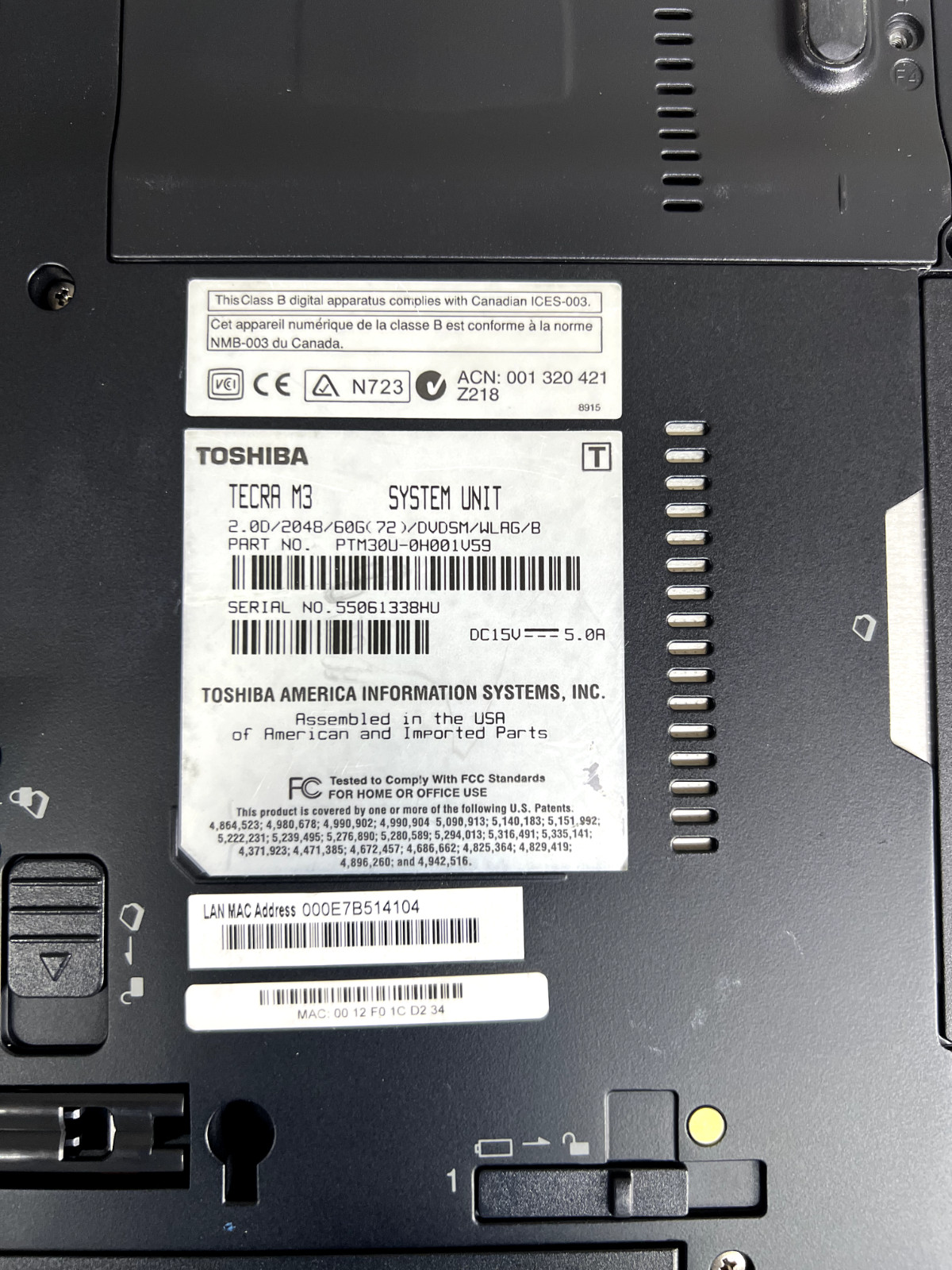 Toshiba Tecra M3 Notebook – Receives Power, No Display/No Boot – No Hard Drive