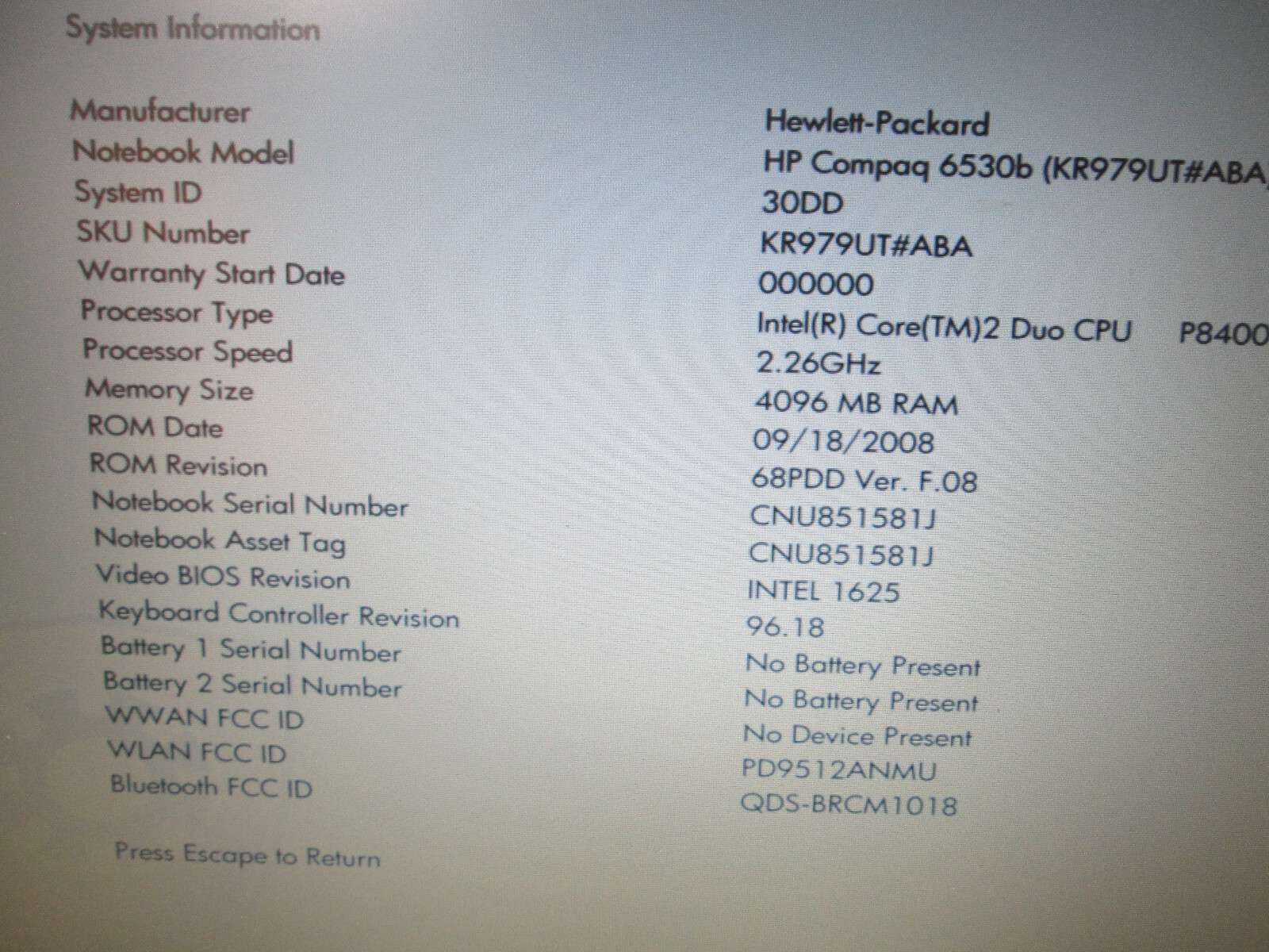 HP 6430b P8440 Intel Centrino 2, 2.26GHz 4GB RAM 14” Laptop NO HDD,CHARGER,BATT