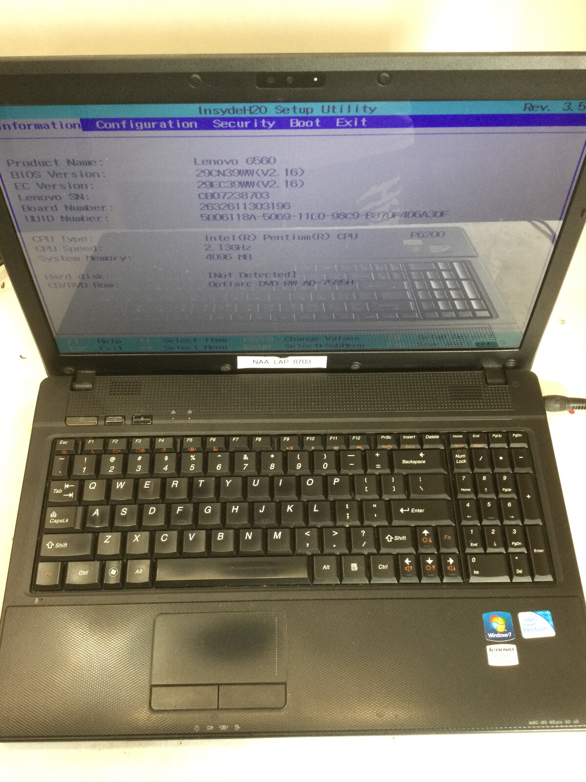 LENOVO G560 – BOOTS TO BIOS – 4GB RAM – INTEL PENTIUM P6200 -READ BELOW – BB!!!!