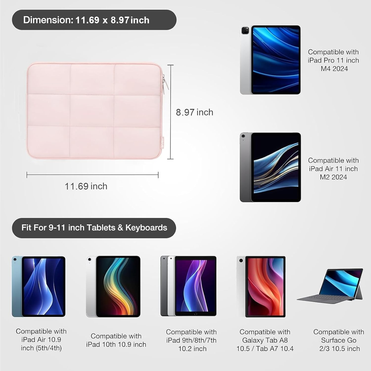 9-11 inch Tablet Sleeve Case for iPad A16 2025, iPad Air 11 inch M3 M2, iPad Pro