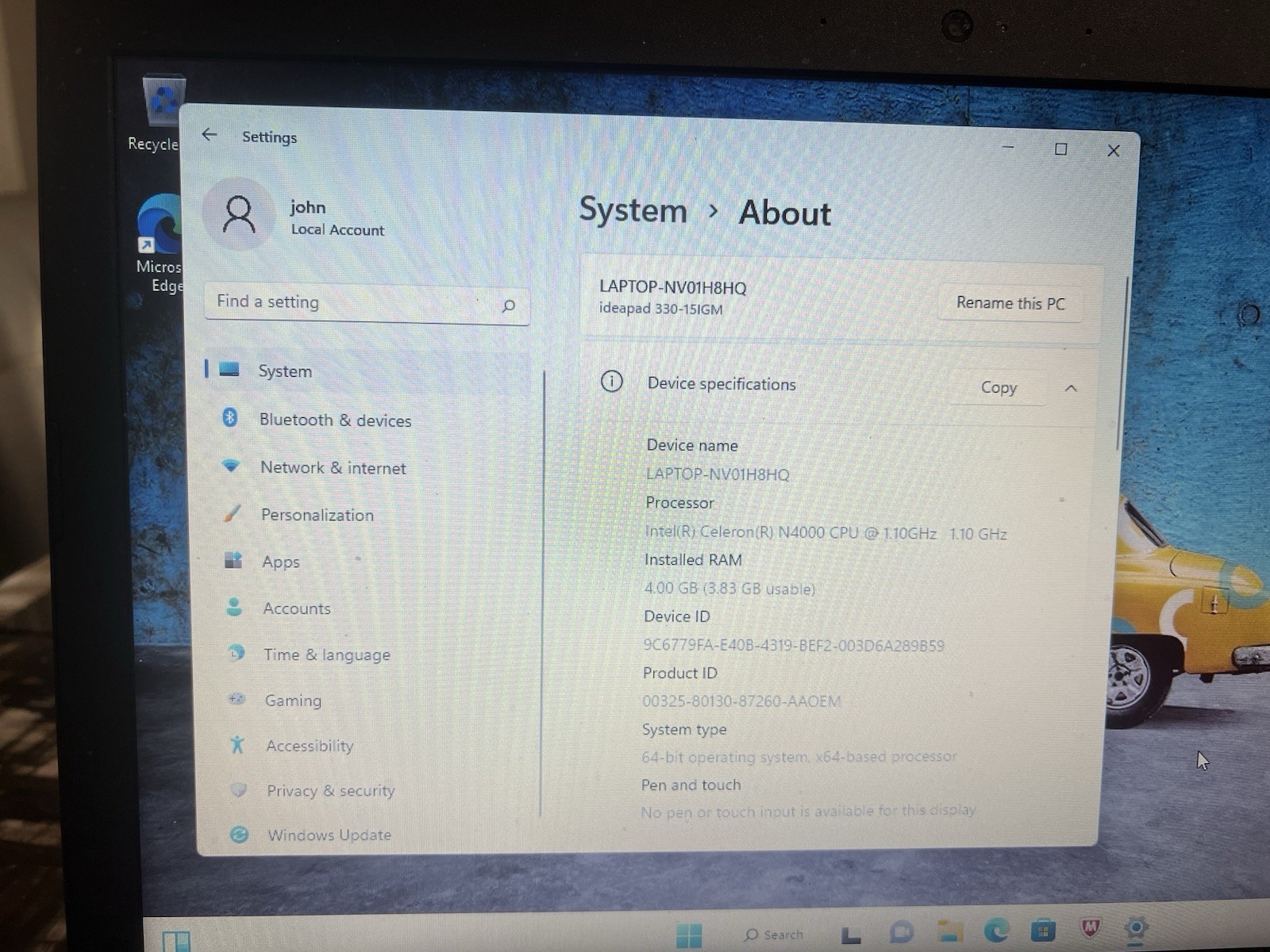 Lenovo IdeaPad 330-15IGM 4GB RAM Windows