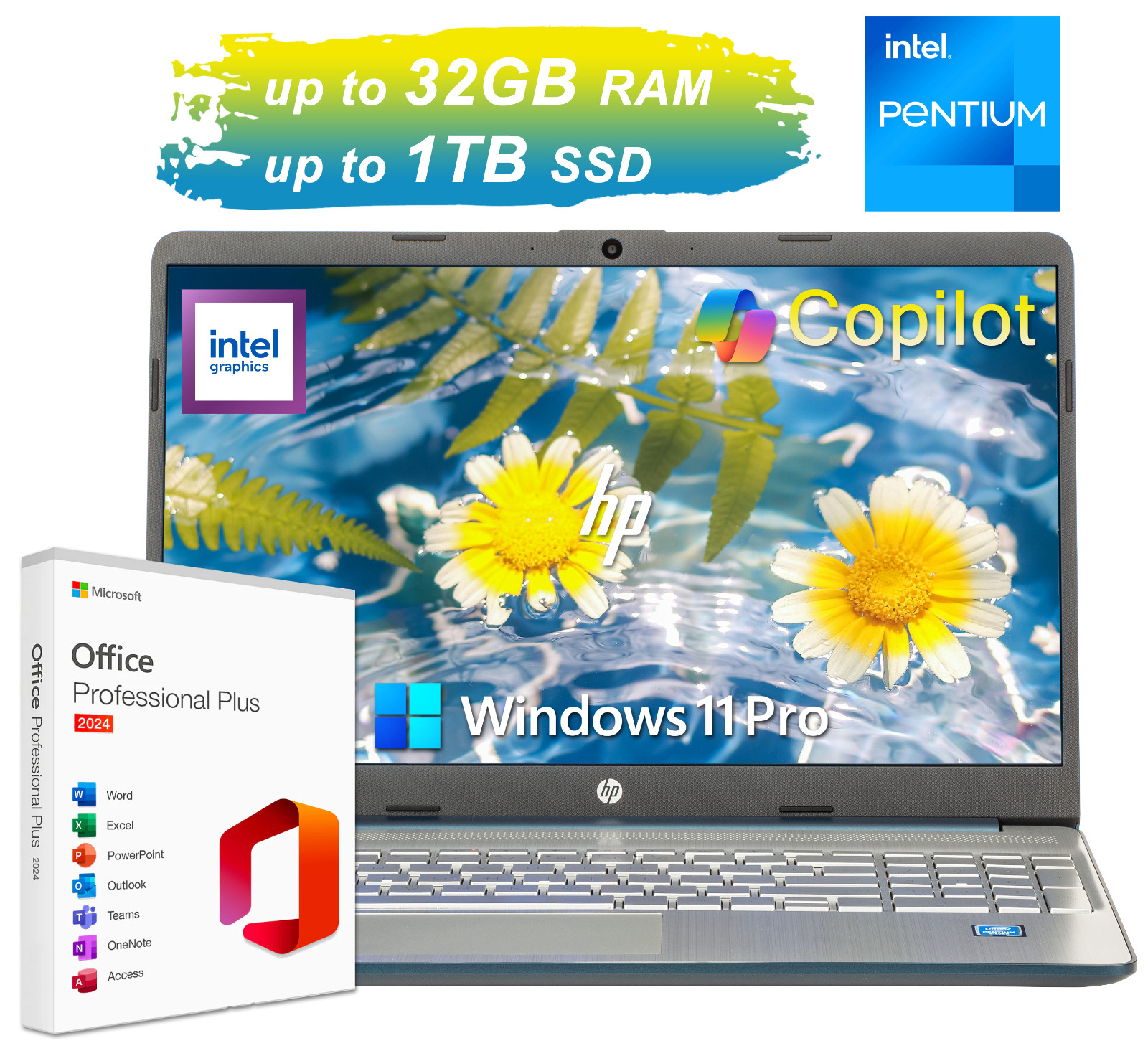 NEW HP Laptop Computer 15.6″ Quad-Core Intel Pentium Up to 32GB RAM 1TB SSD Pro