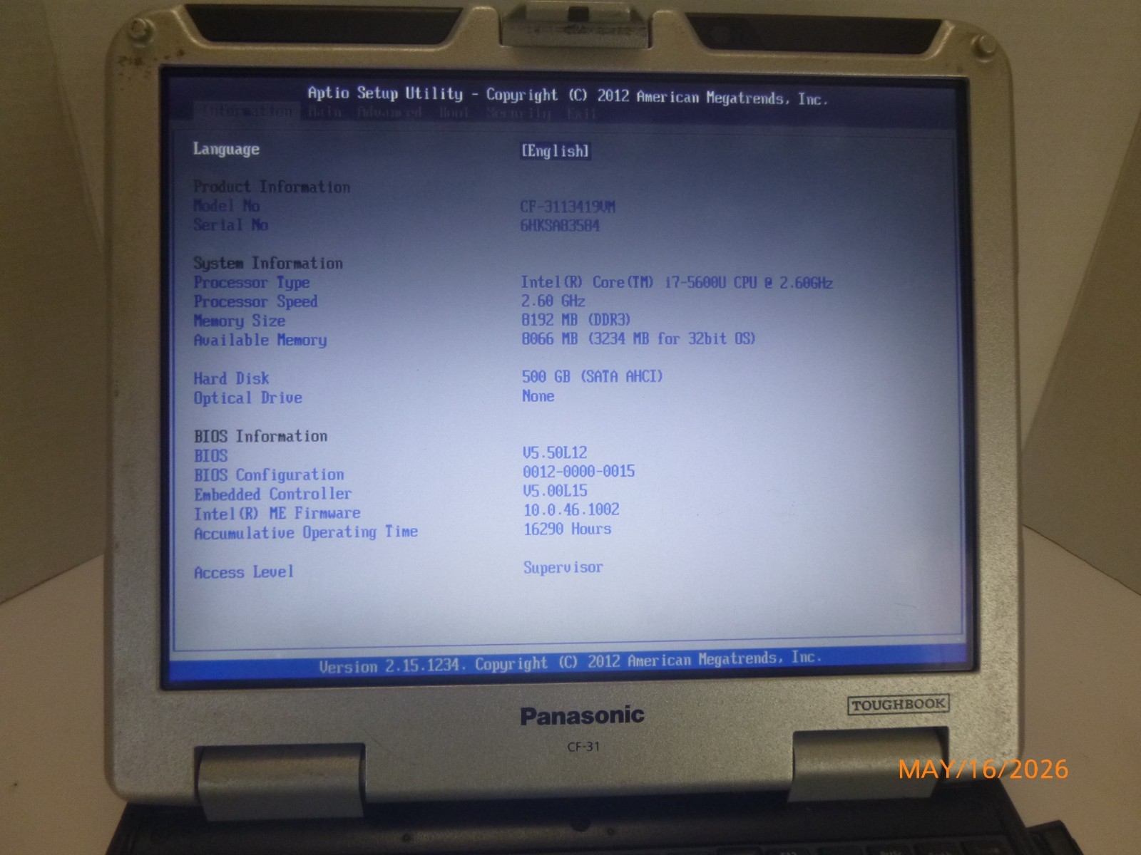 Panasonic Toughbook i7 5600M 2.6GHz 8GB 500GB – Win 11 Pro -MK5 CF-3113-02VM