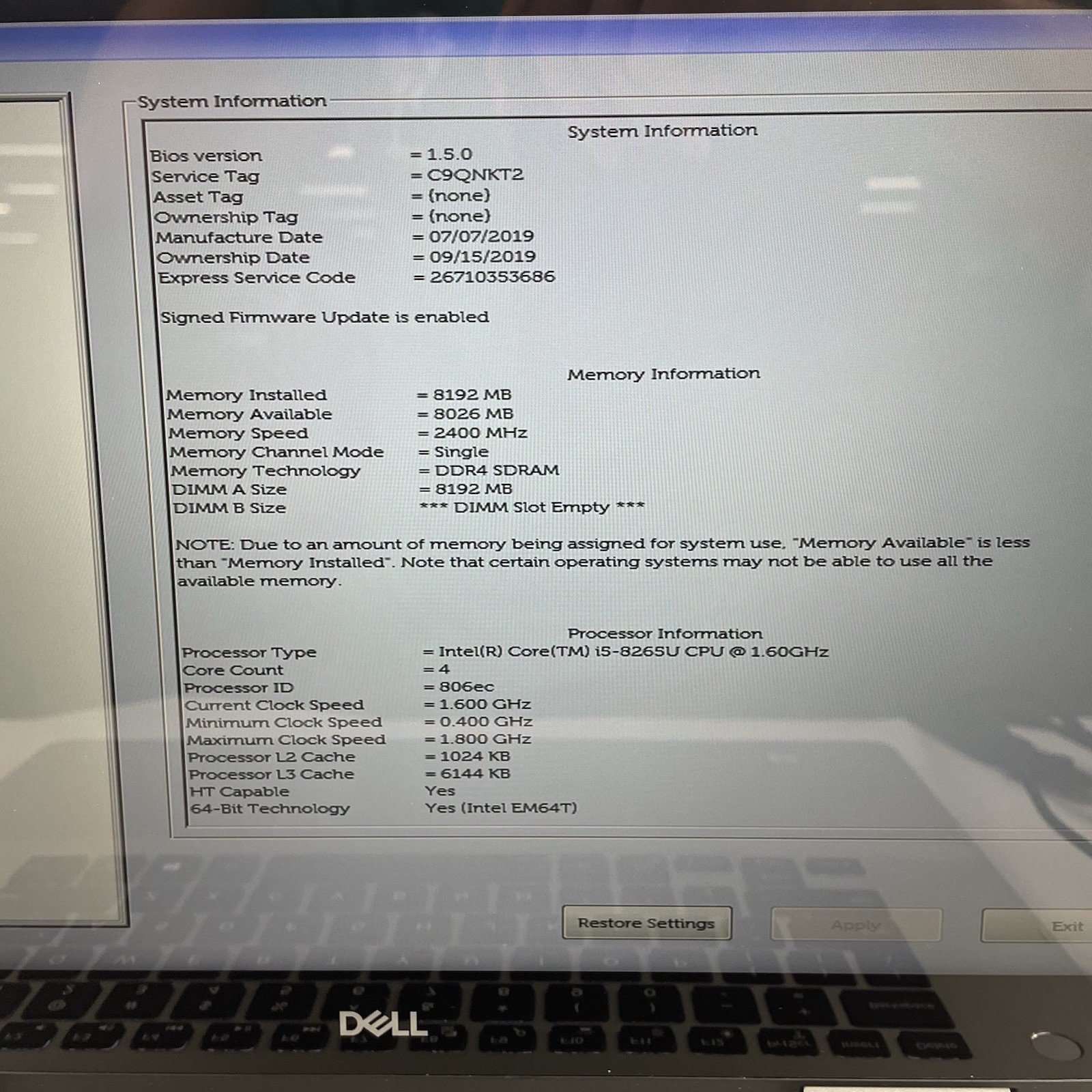Dell Inspiron 7586 15.6″ i5-8265U 1.60 GHz 8 GB RAM No SSD/OS/AC/Batt