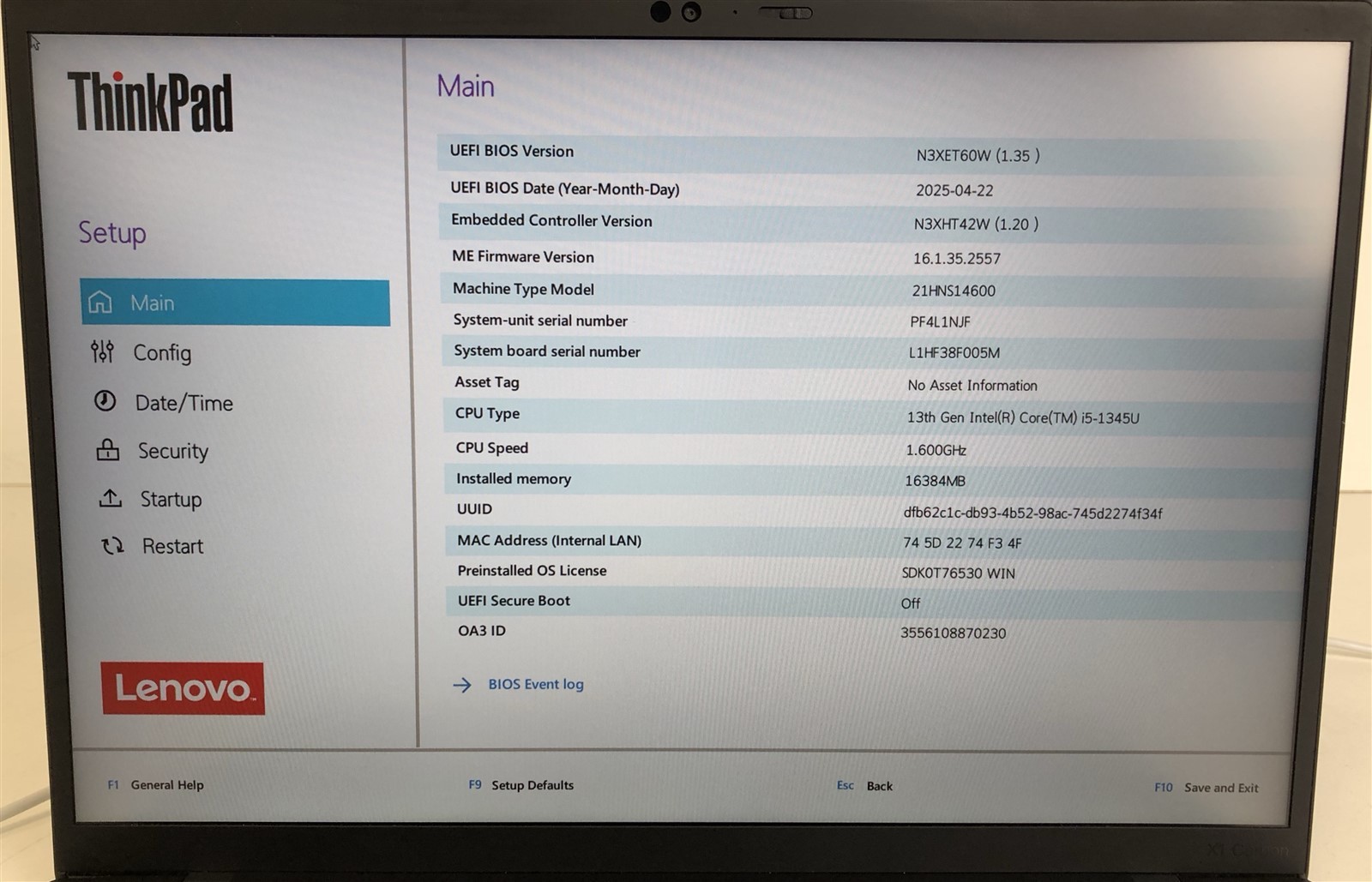 Lenovo ThinkPad X1 Carbon Gen 11: Intel Core i5-1345U 1.6GHz – 16GB – 512GB