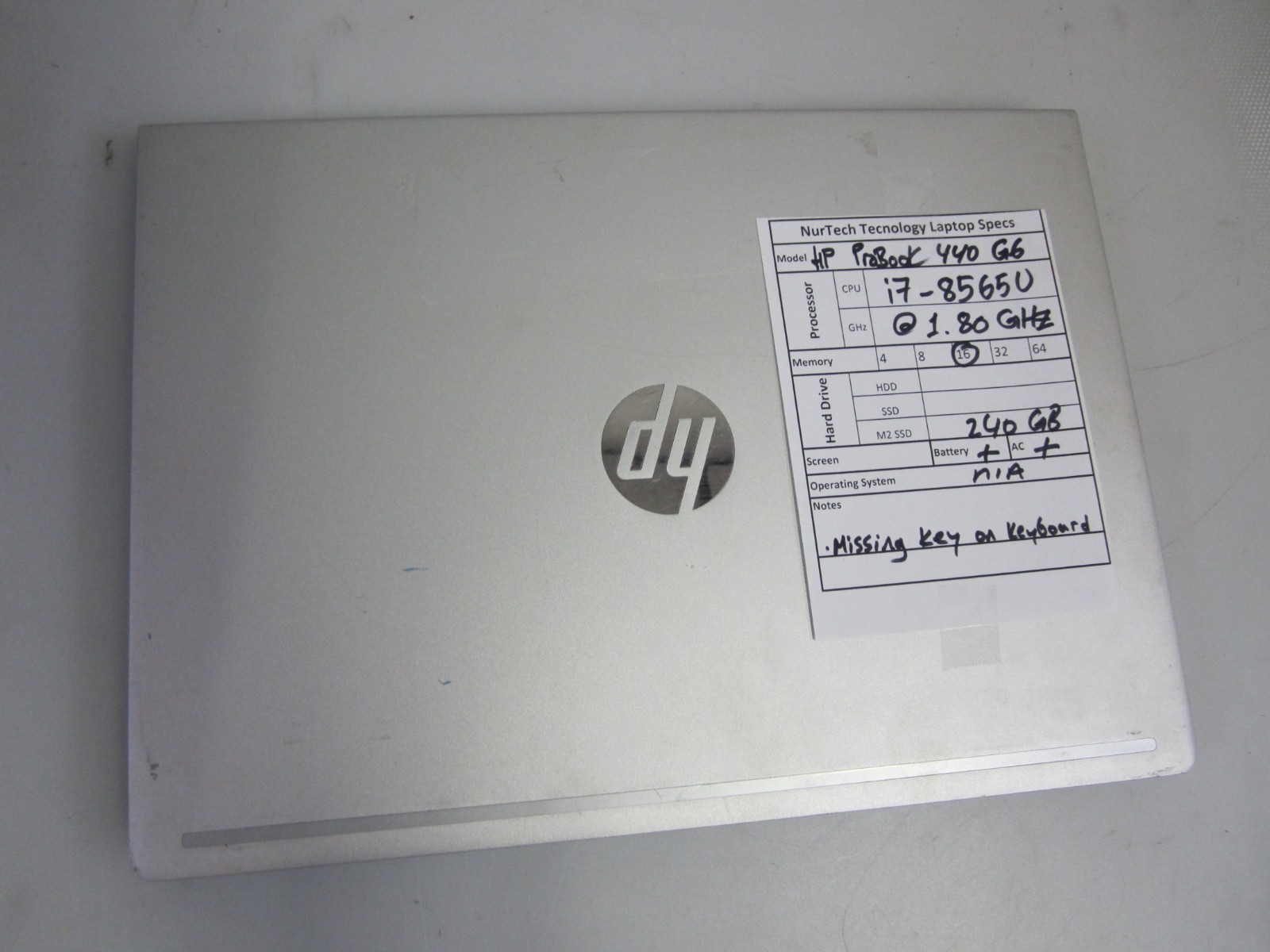 HP ProBook 440 G6 I7-8565U 1.80GHZ 16GB 240GB M2SSD LAPTOP + AC NO OS READ