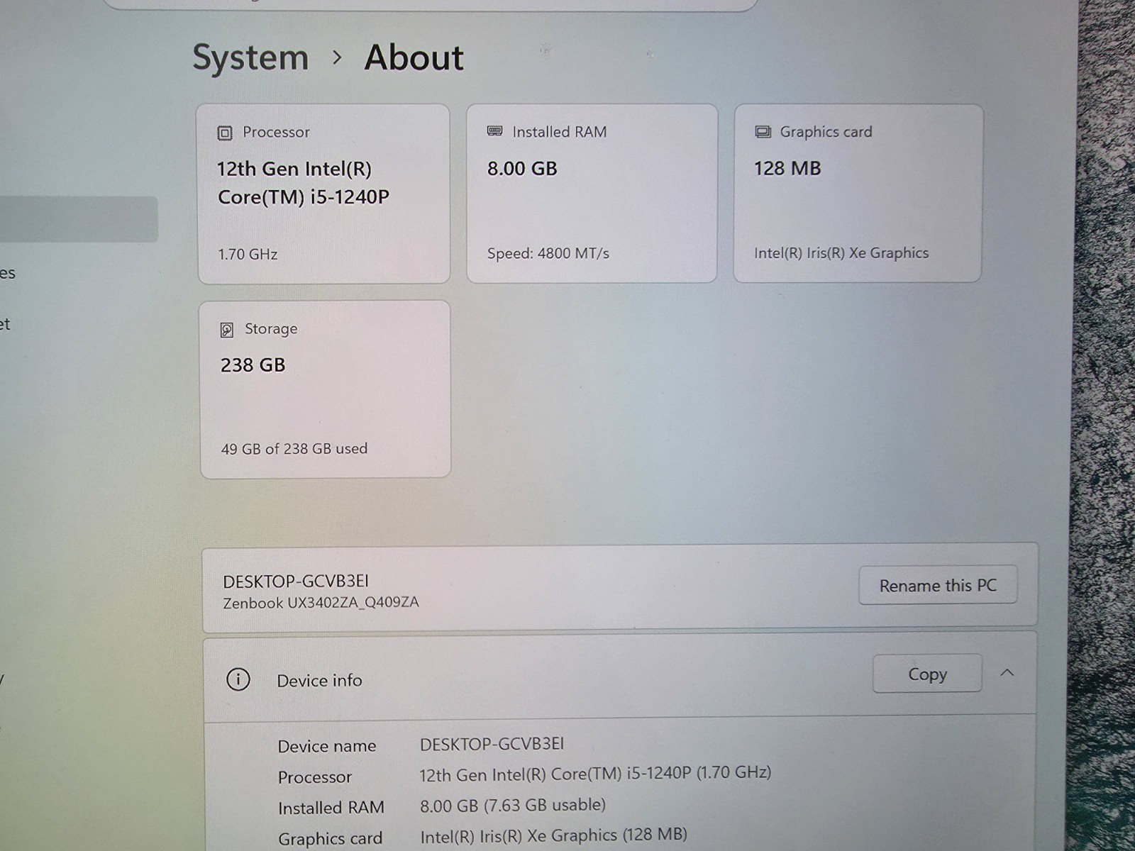 ASUS Zenbook 14 Intel 12th Gen i5-1240P 8GB RAM 256GB SSD Win11 Pro, Office 2024