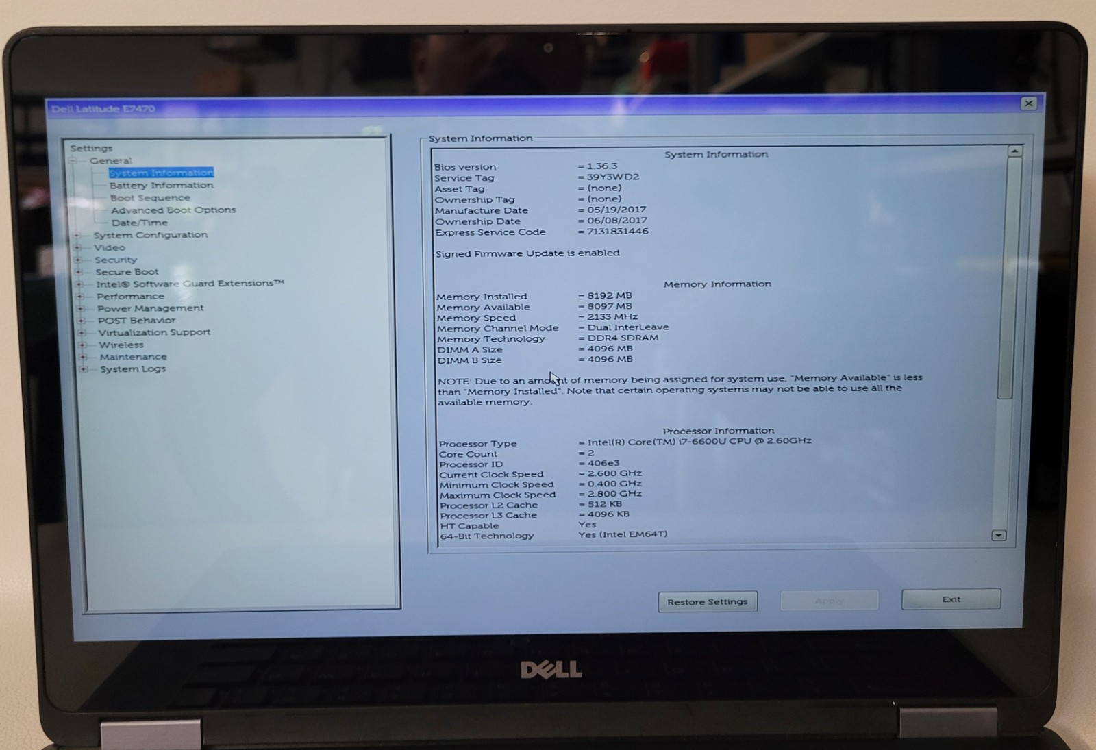 Dell Latitude E7470 i7-6600U 8GB RAM 256GB SSD NO ADAPTER (UID MEF3C02CDD)