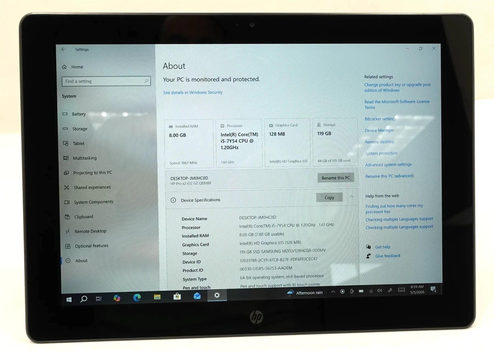 HP Pro X2 612 G2 Tablet Core i5-7Y54 1.20GHz 8GB 128GB SSD
