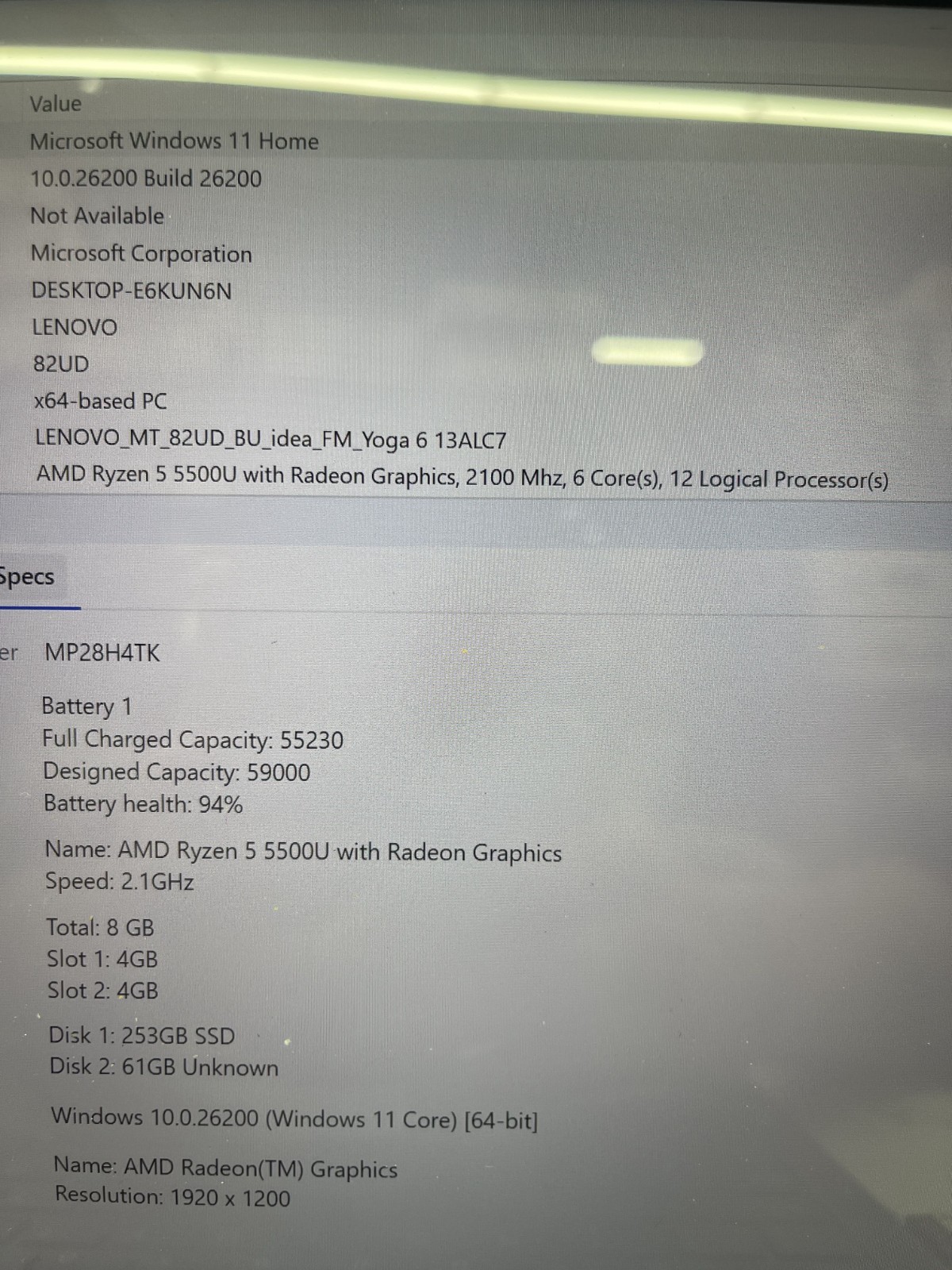 Lenovo Yoga 6 13ALC7 Touch Ryzen 5 5500U 2.10GHz 8GB RAM 256GB SSD Win 11 Pro