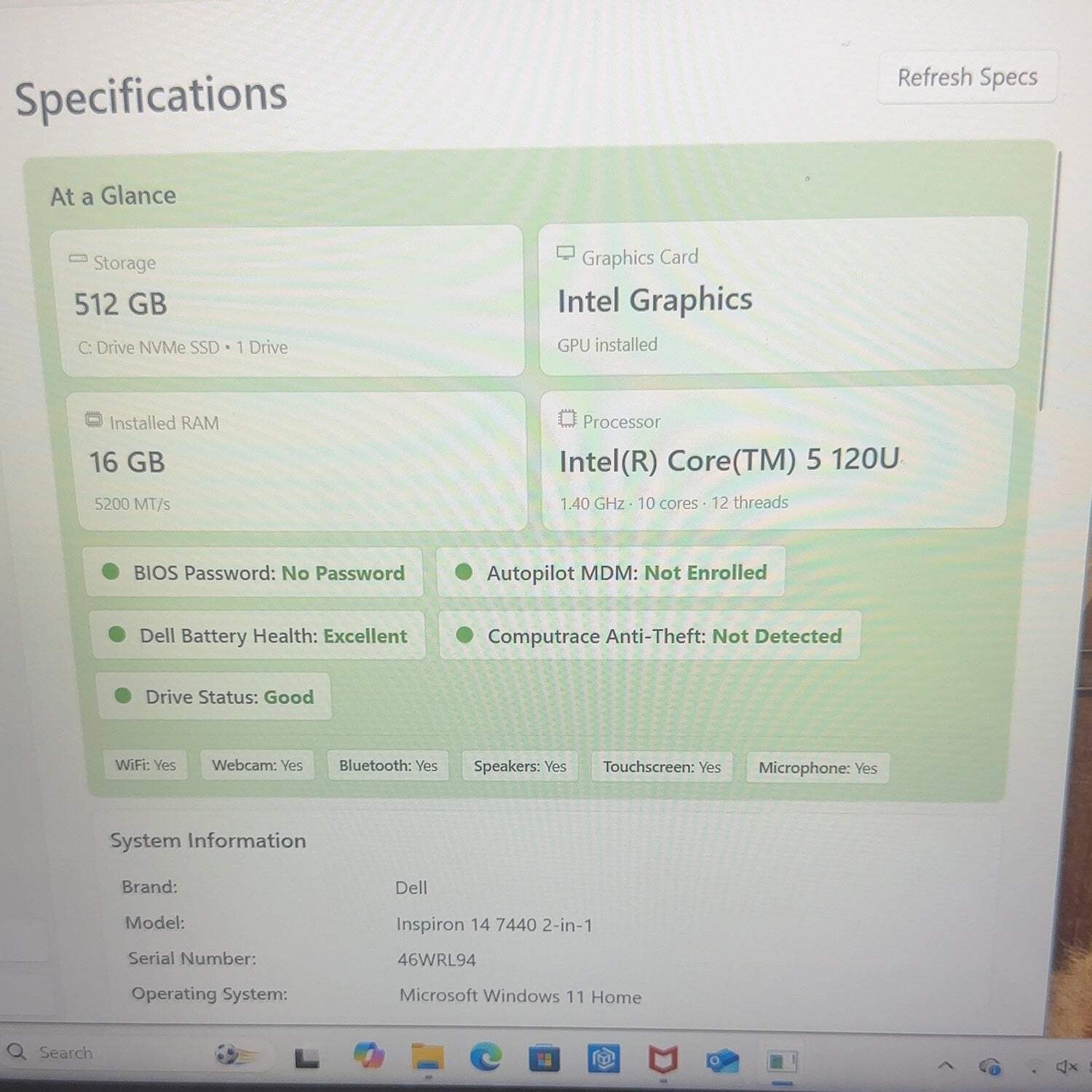 Dell Inspiron 7440 2-IN-1 14″ Core 5 120U 1.4GHz 16GB RAM 512GB SSD