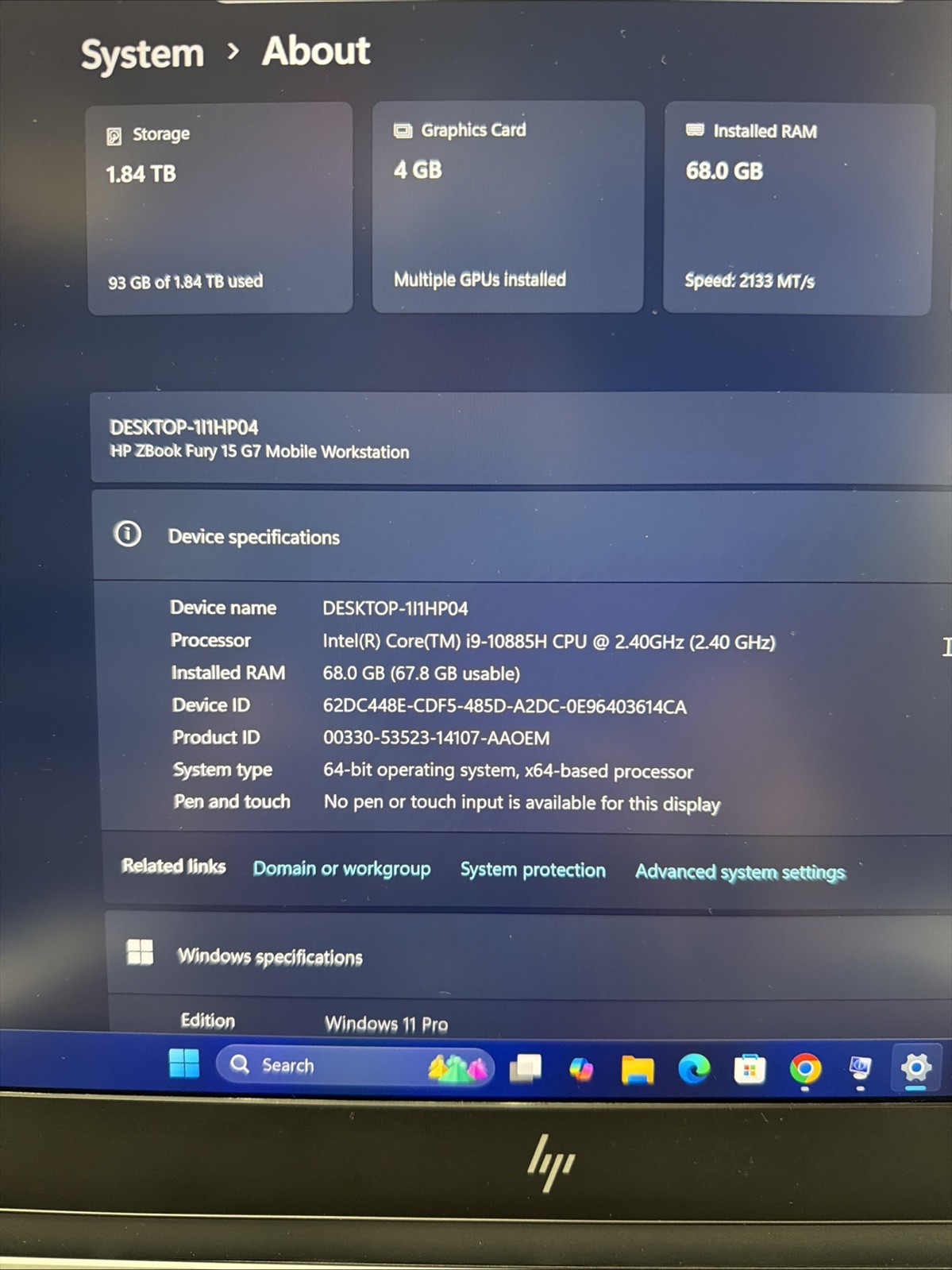 HEWLETT PACKARD ZBOOK FURY 15 G7 68GB RAM 1Tb Nvme+1Tb Hd SSD Read**