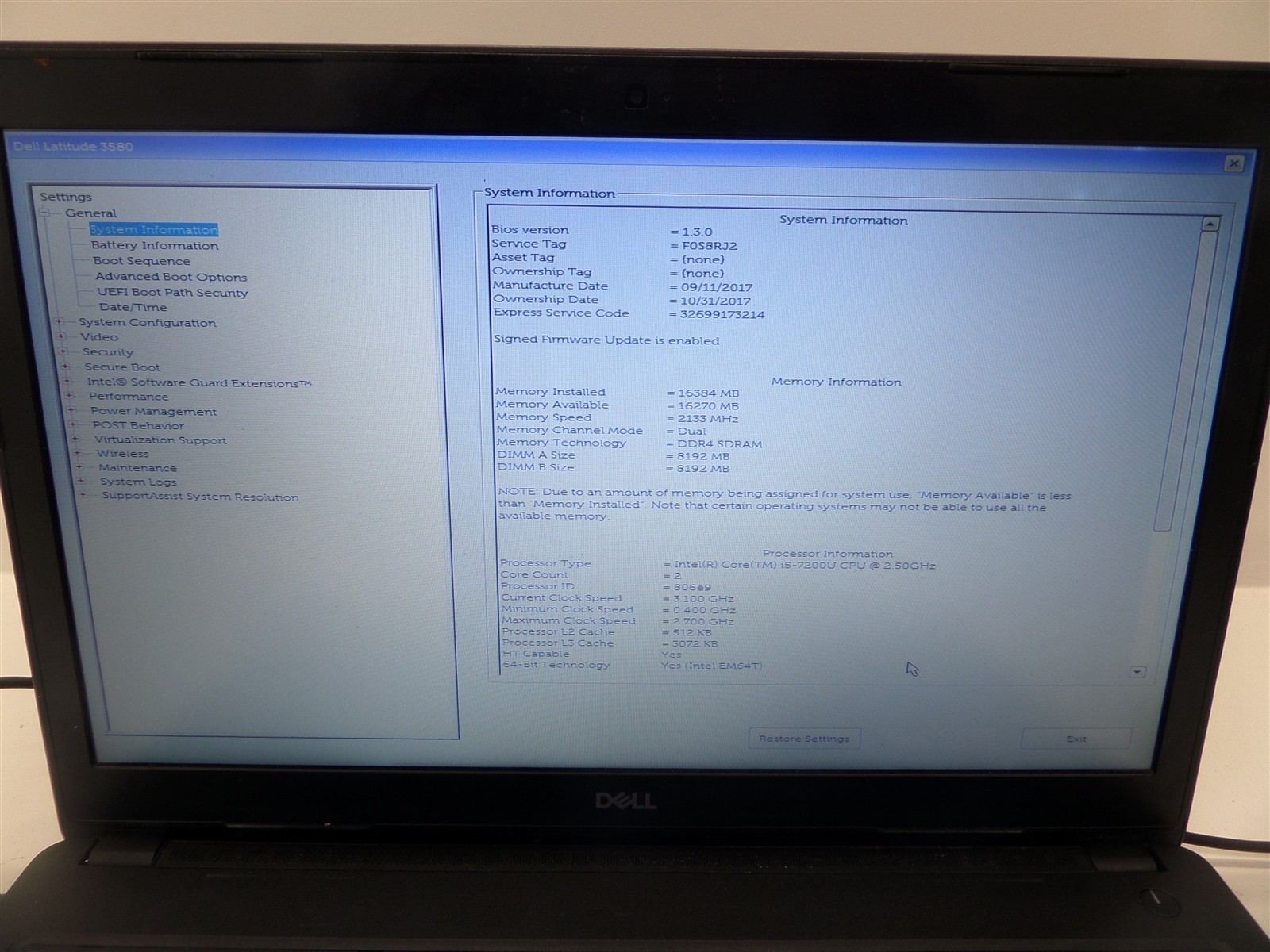 Dell Latitude 3580 15.6″ Intel Core i5 7200U 2.50GHZ 16GB RAM Laptop No HDD/OS