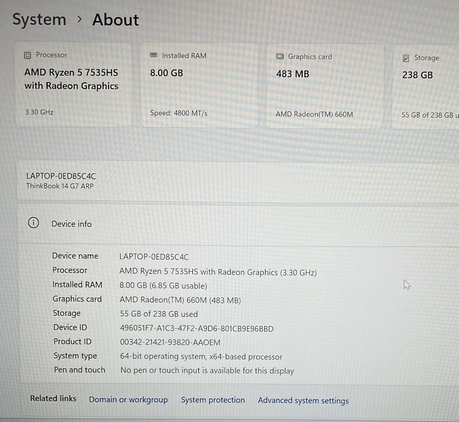 Lenovo ThinkBook 14 G7 AMD Ryzen 5 7000 8GB RAM 256GB SSD Win11 Laptop