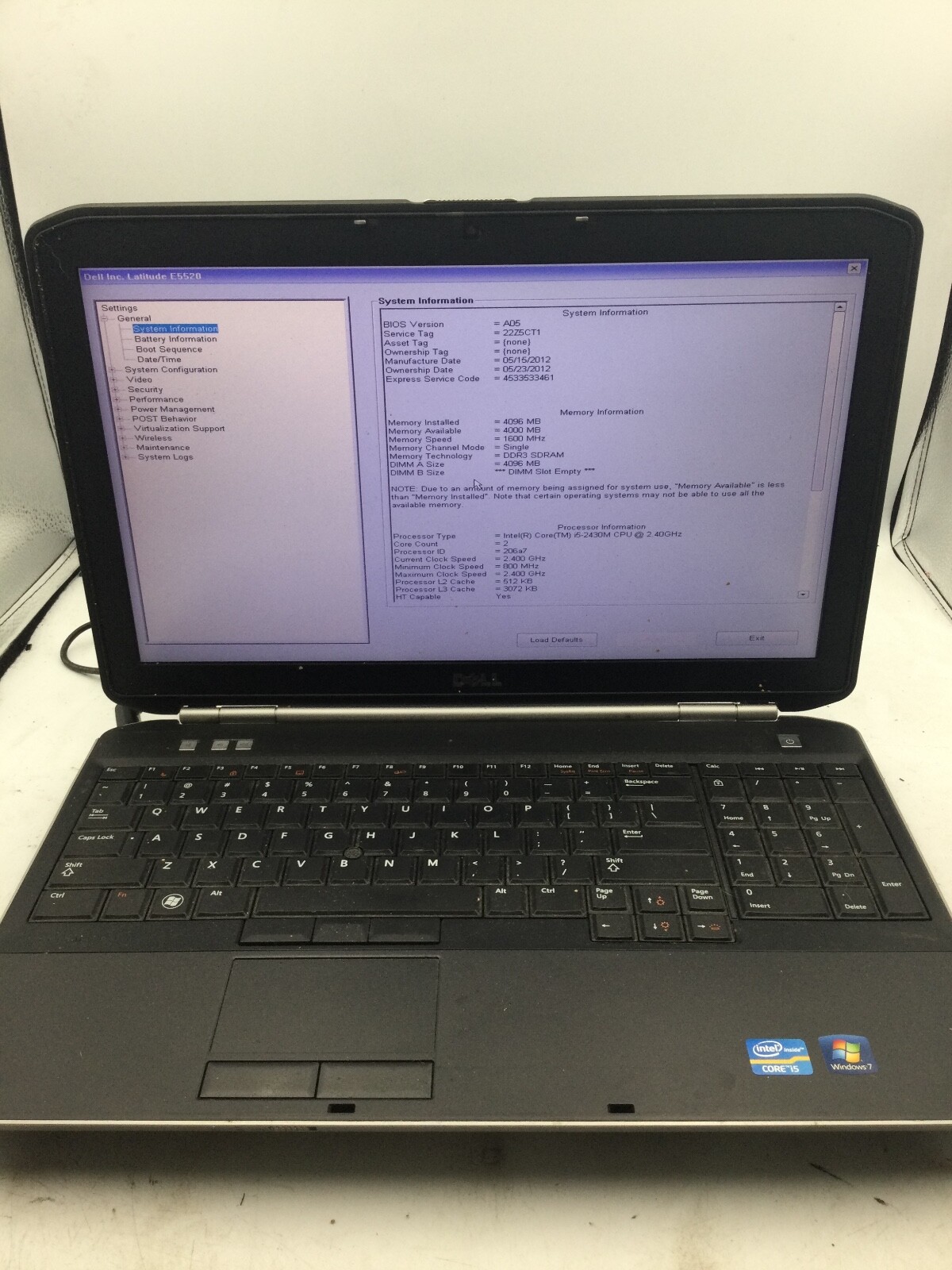 DELL LATITUDE E5520 – BOOTS TO BIOS – INTEL I5 2430 – NO RAM – READ DESCRIP -BB
