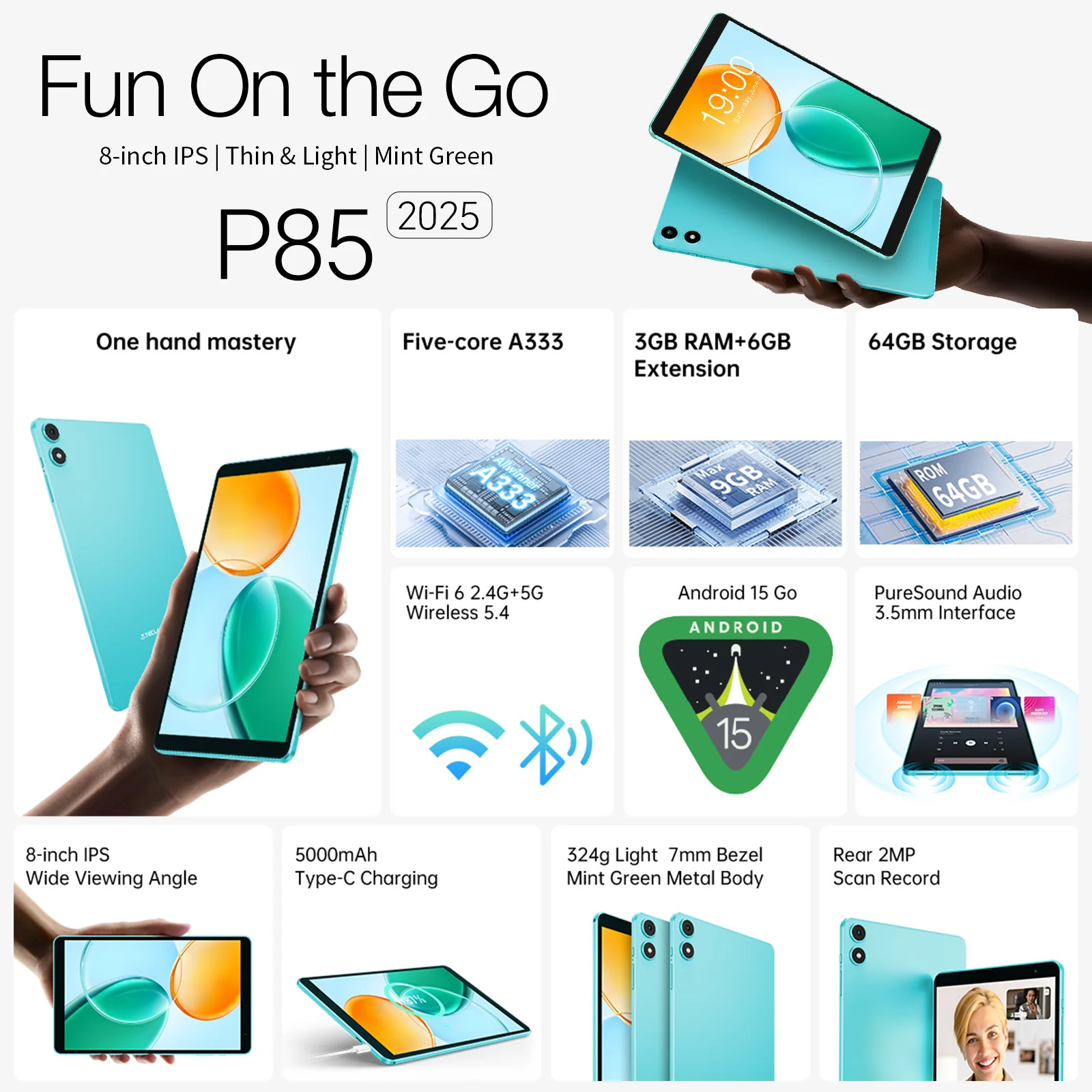 Teclast P85 Android 15 Tablet 8″ IPS 3GB+64GB A333 WiFi 6 5000mAh Metal