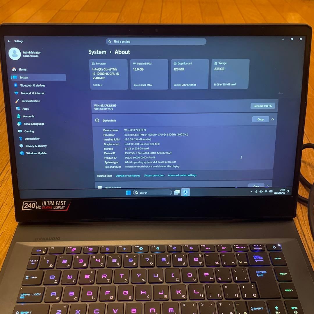 MSI GE66 Raider i9-10980HK 16GB 256GB SSD Windows 11 Pro Office 2021 Junk