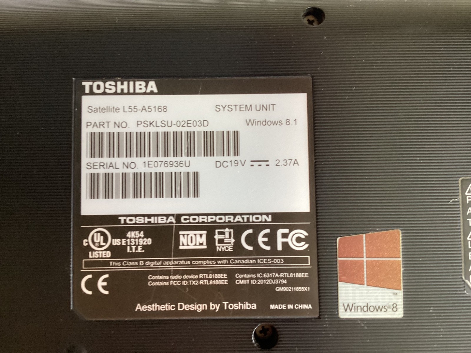 2013 Toshiba Notebook 15.6″ Satellite L55-A1568, msft 8.1, RAM 8.0 intel core i5