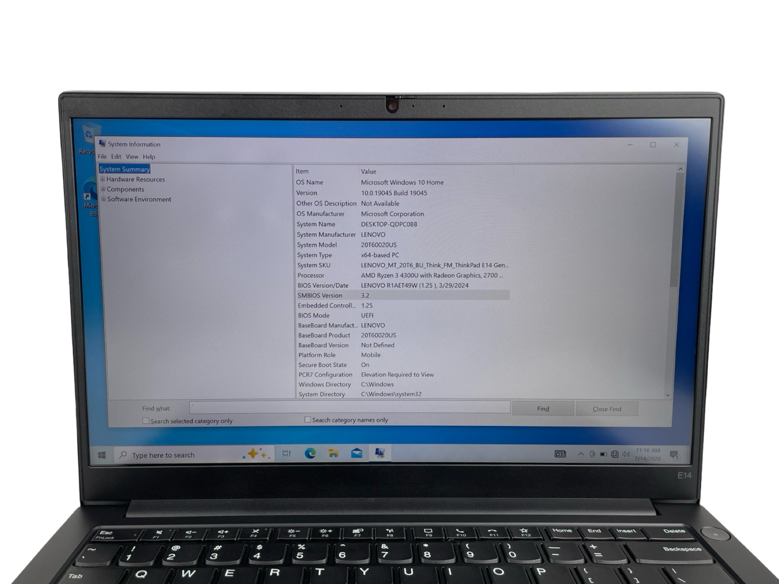 LENOVO THINKPAD E14 GEN 2 |RYZEN 3 4300U|256GB NVME | 12 GB W/OUT AC,WIN10HOME