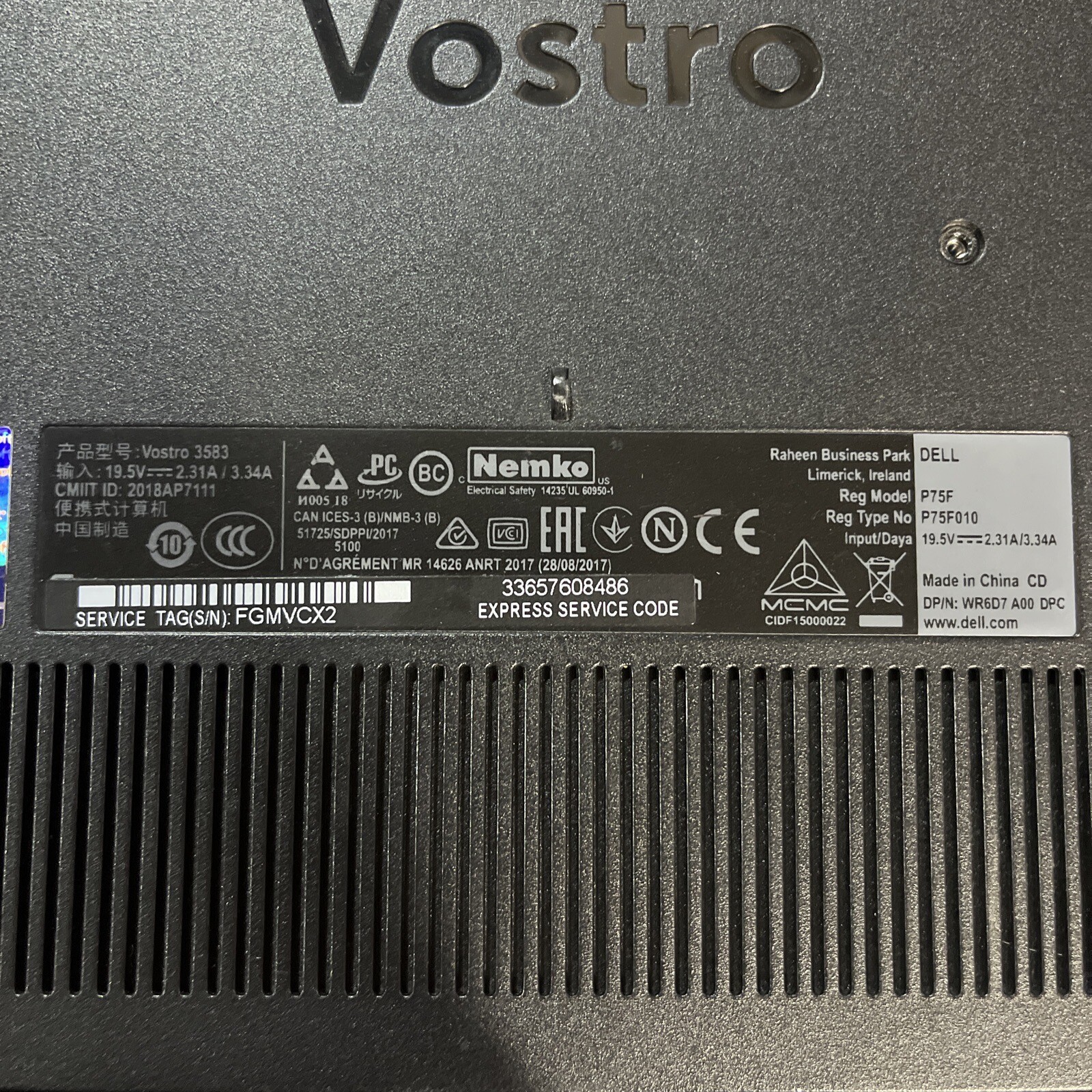 DELL VOSTRO 3583 INTEL CORE I5-8265U 1.60GHZ 8GB RAM NO HD