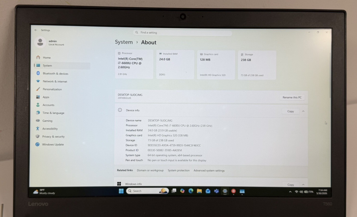 Lenovo ThinkPad T560 i7-6600U 24GB RAM 256GB SSD 15.6″ FHD Windows 11 Pro