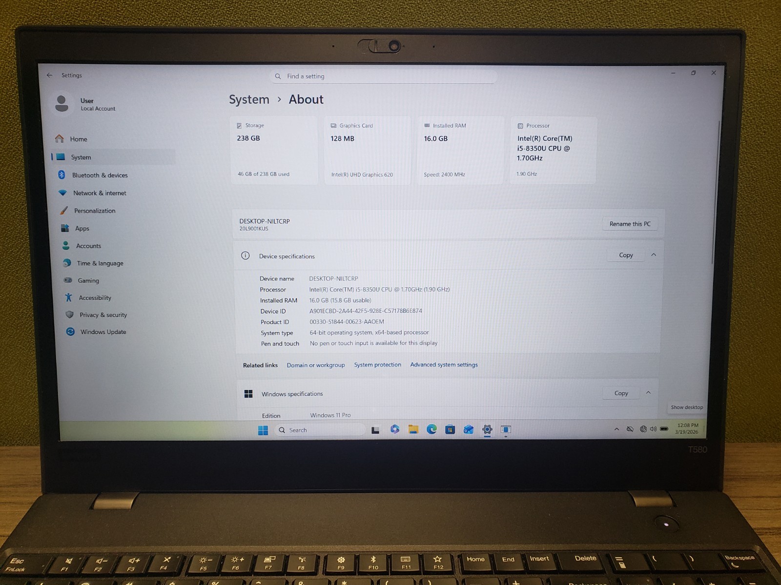 LENOVO THINKPAD T580 LAPTOP i5-8350U 16GB RAM 238GB SSD WIN 11 Pro Wifi – READ