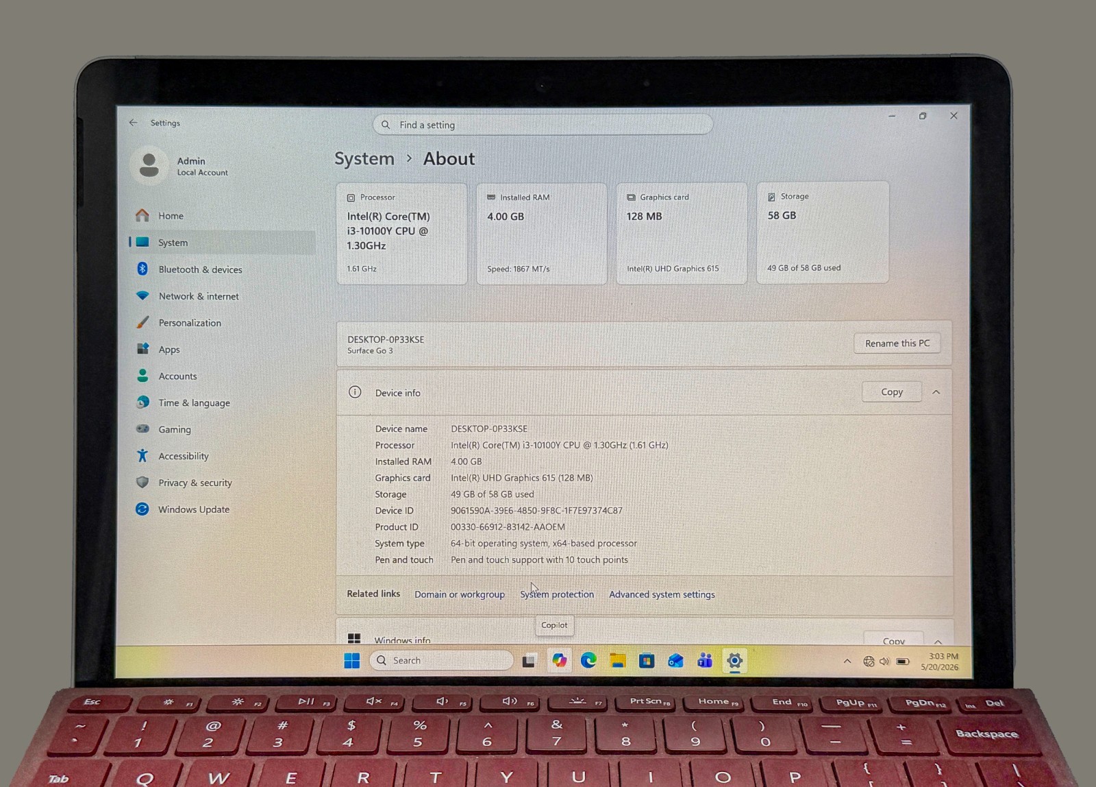 Microsoft Surface Go 3 i3-10100Y 1.3GHz 4GB RAM 64GB SSD Windows 11