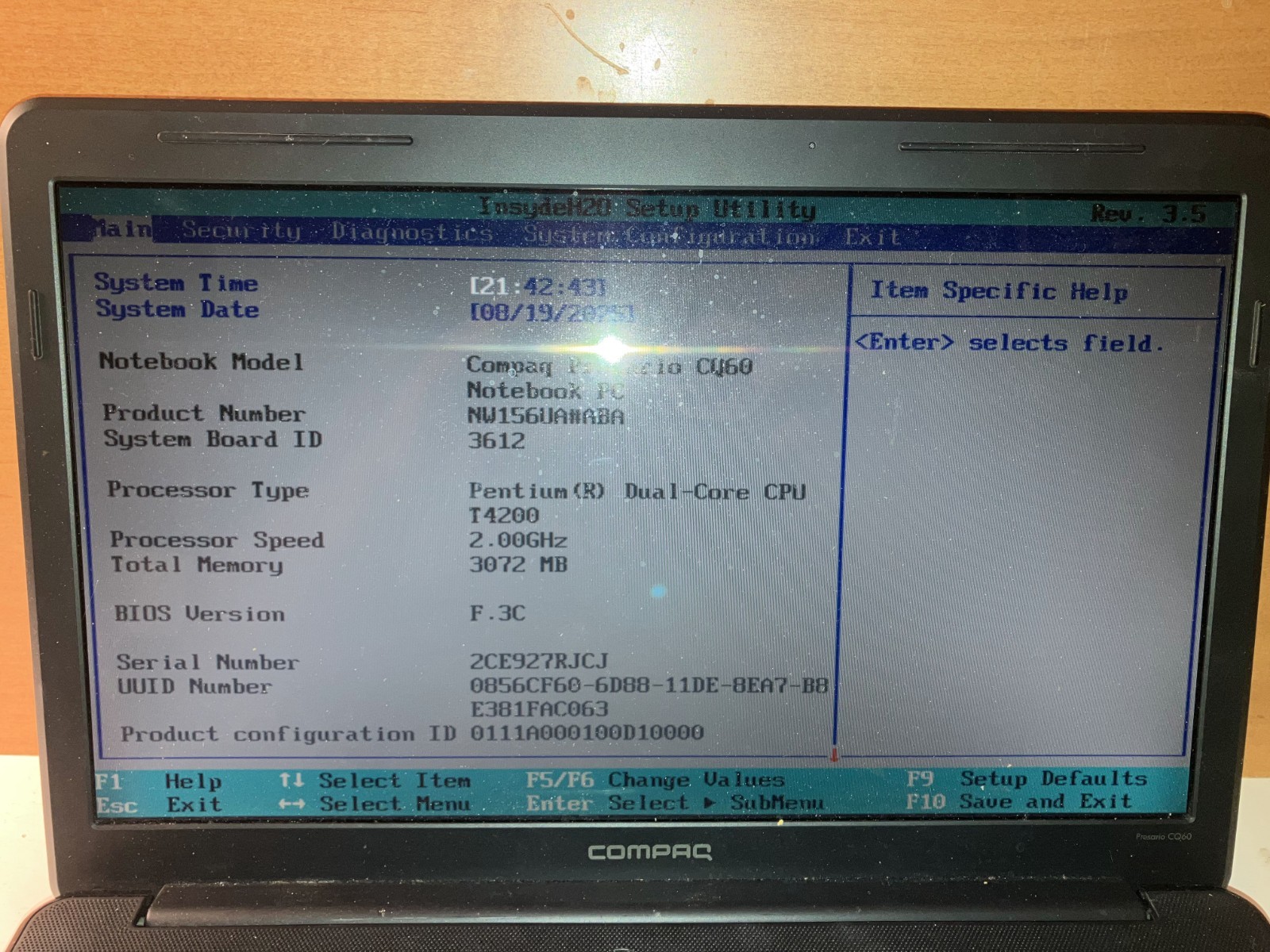 Compaq Presario CQ60-420US Intel Pentium Dual-Core T4200 2GHz 3GB NO HDD