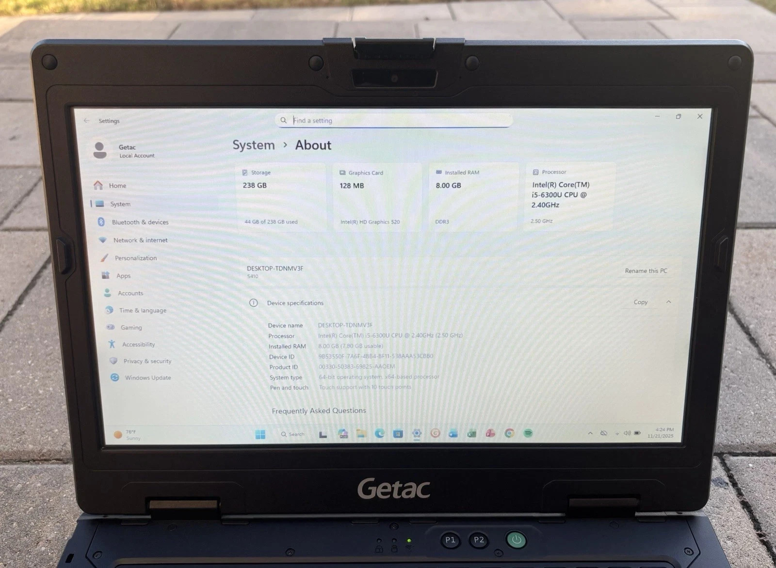 Getac S410 Rugged Laptop Core i5-6300U @2.40GHz 8GB 256GB SSD Win 11 Touch 4G