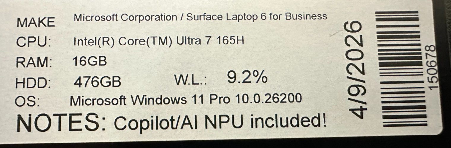MICROSOFT SURFACE 5 LAPTOP ULTRA 7 165H @ 3.80 GHZ 16GB RAM 476GB SSD (lp694)