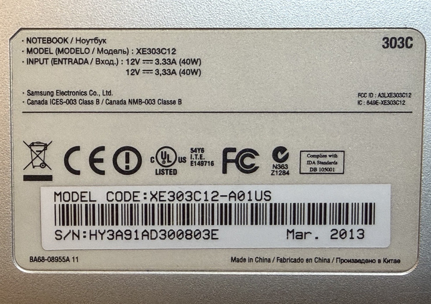 SAMSUNG Model XE303C12 Laptop Chromebook No Power Cord