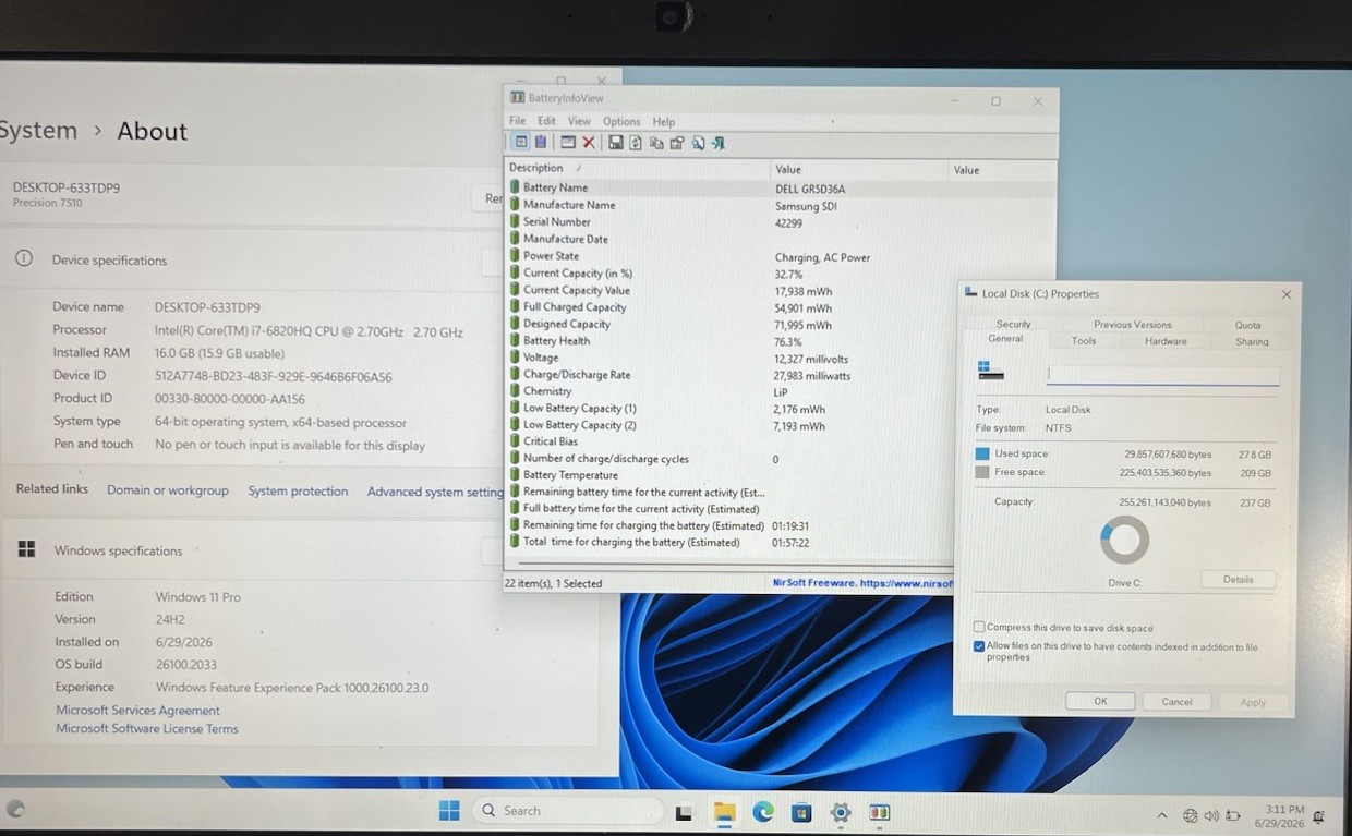 Dell Precision 7510 Laptop Intel i7-6820HQ @2.70GHz, 16GB RAM, 256GB SSD, WIN11