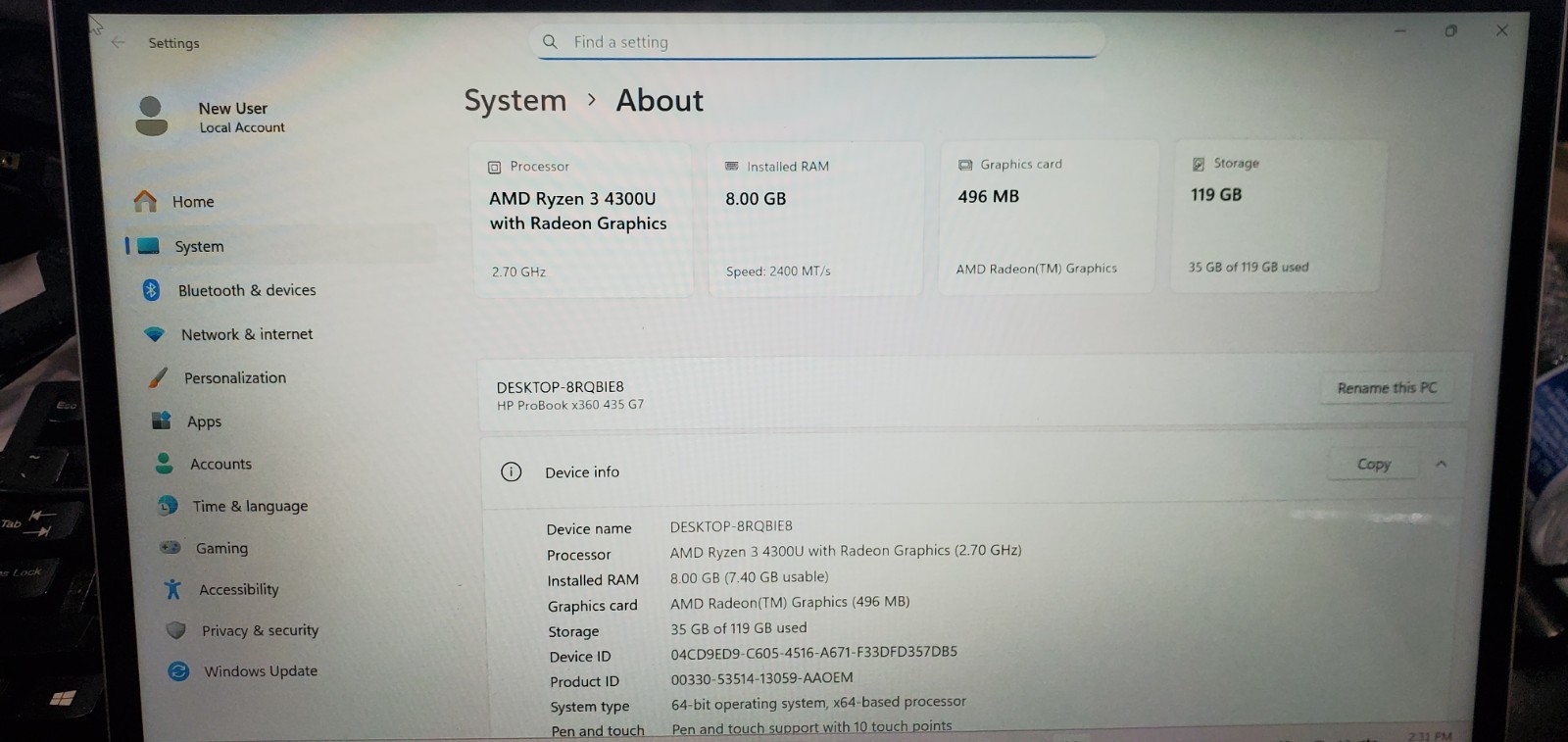 HP ProBook x360 435 G7 Laptop AMD Ryzen 3 4300U 2.7GHz 8GB RAM 128GB SSD W11P