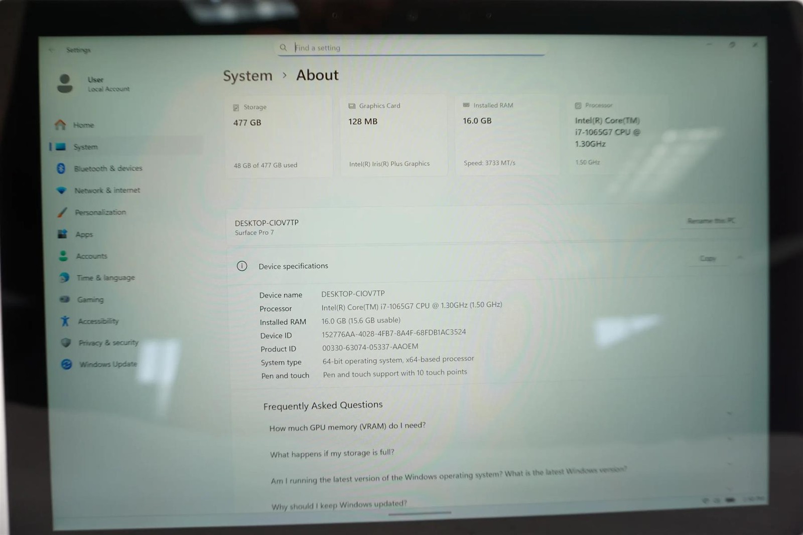 Microsoft Surface Pro 7 1866 Intel Core i7-1065G7 1.3GHz 16GB 512GB SSD