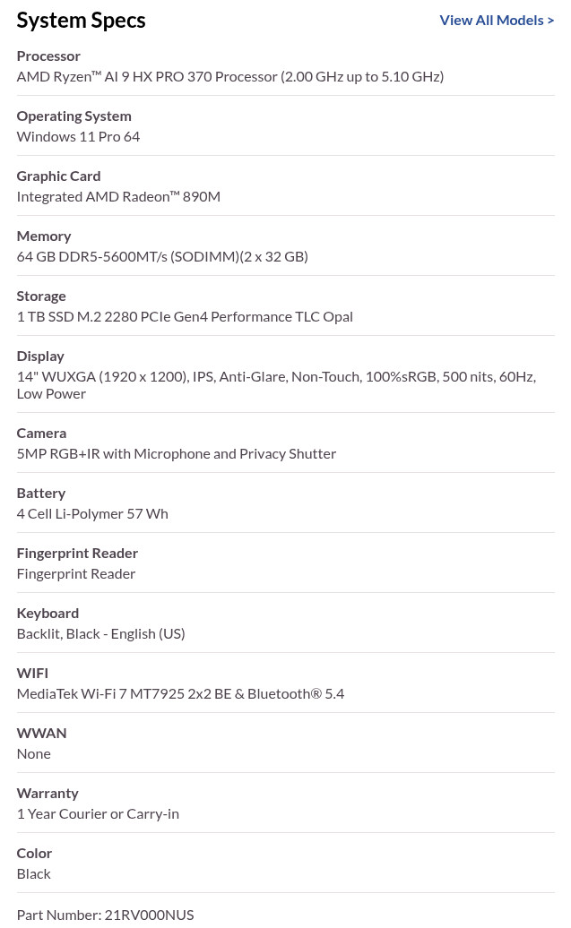 Lenovo ThinkPad P14s Ryzen AI 9 HX PRO 370 64GB DDR5 1TB 14″ 1920×1200 500nits