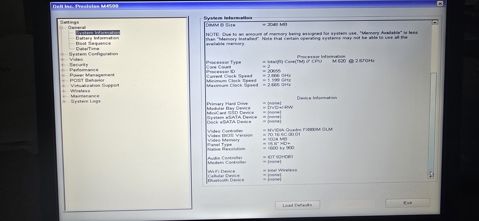 Dell Precision M4500 Laptop I7 620m Fx 880m 4gb Ram No Hdd No Os No Battery