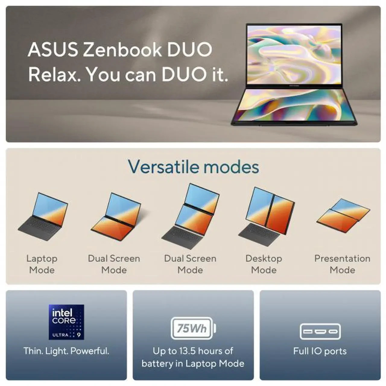 ASUS 14″ 32GBRAM 1TBSSD Zenbook DUO Dual Touchscreen Laptop Model UX8406CA-PS99T