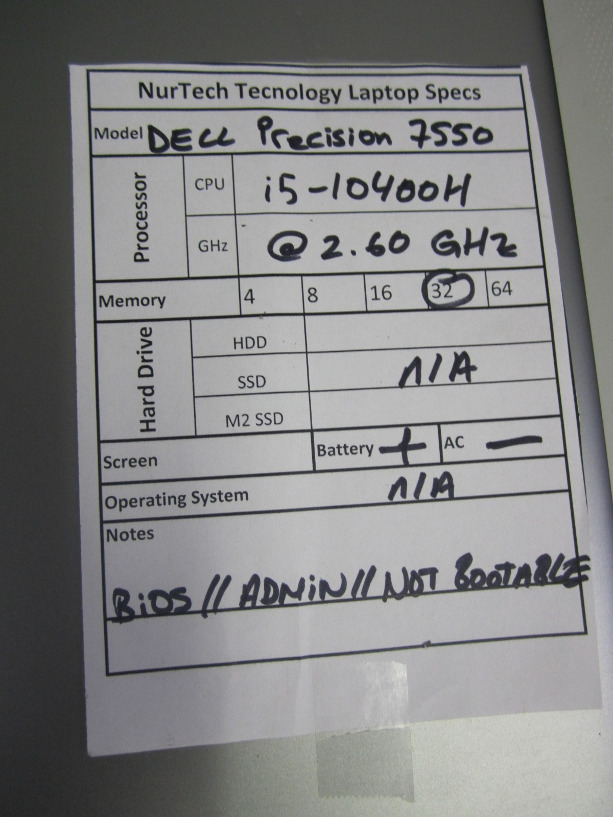 Dell Precision 7550 i5-10400H 2.60GHz 32GB NO HDD/AC/OS Laptop BIOS