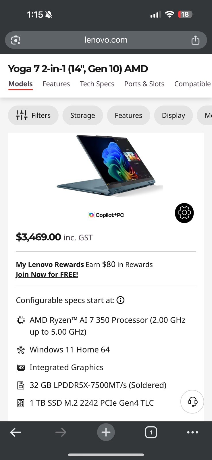 Lenovo Yoga 7 2-in-1 (14″, Gen 10) AMD Ryzen 7 AI 350 32GB RAM 1TB M.2 NvMe SSD
