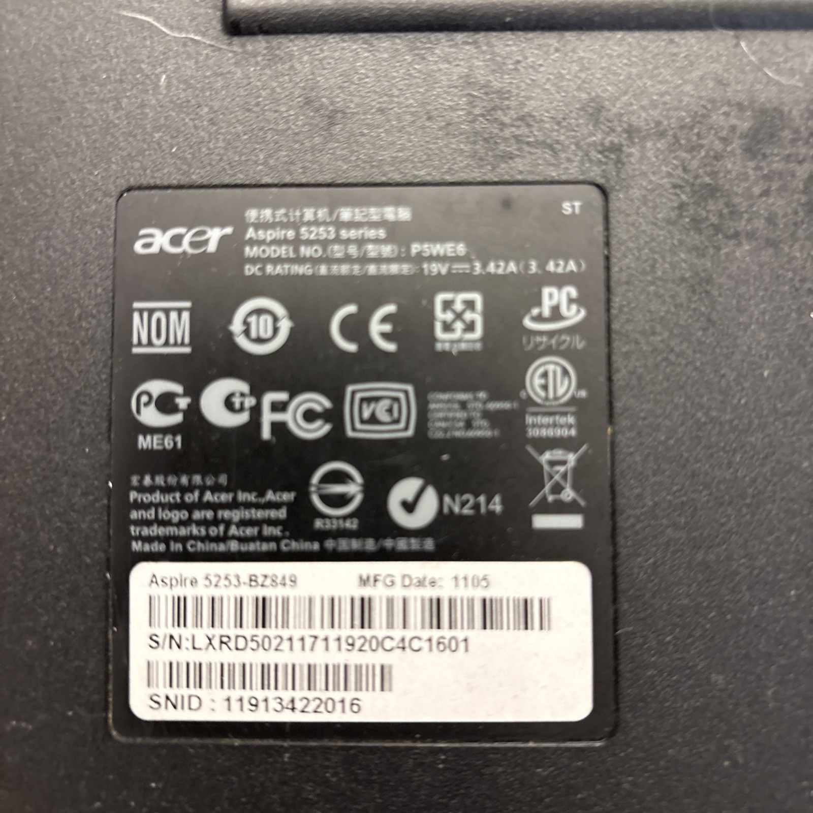 Acer Aspire 5253 BZ692 MDL P5WE6 /AMD Dual-Core C-50 1GHz/275GHz Ram PARTS ONLY