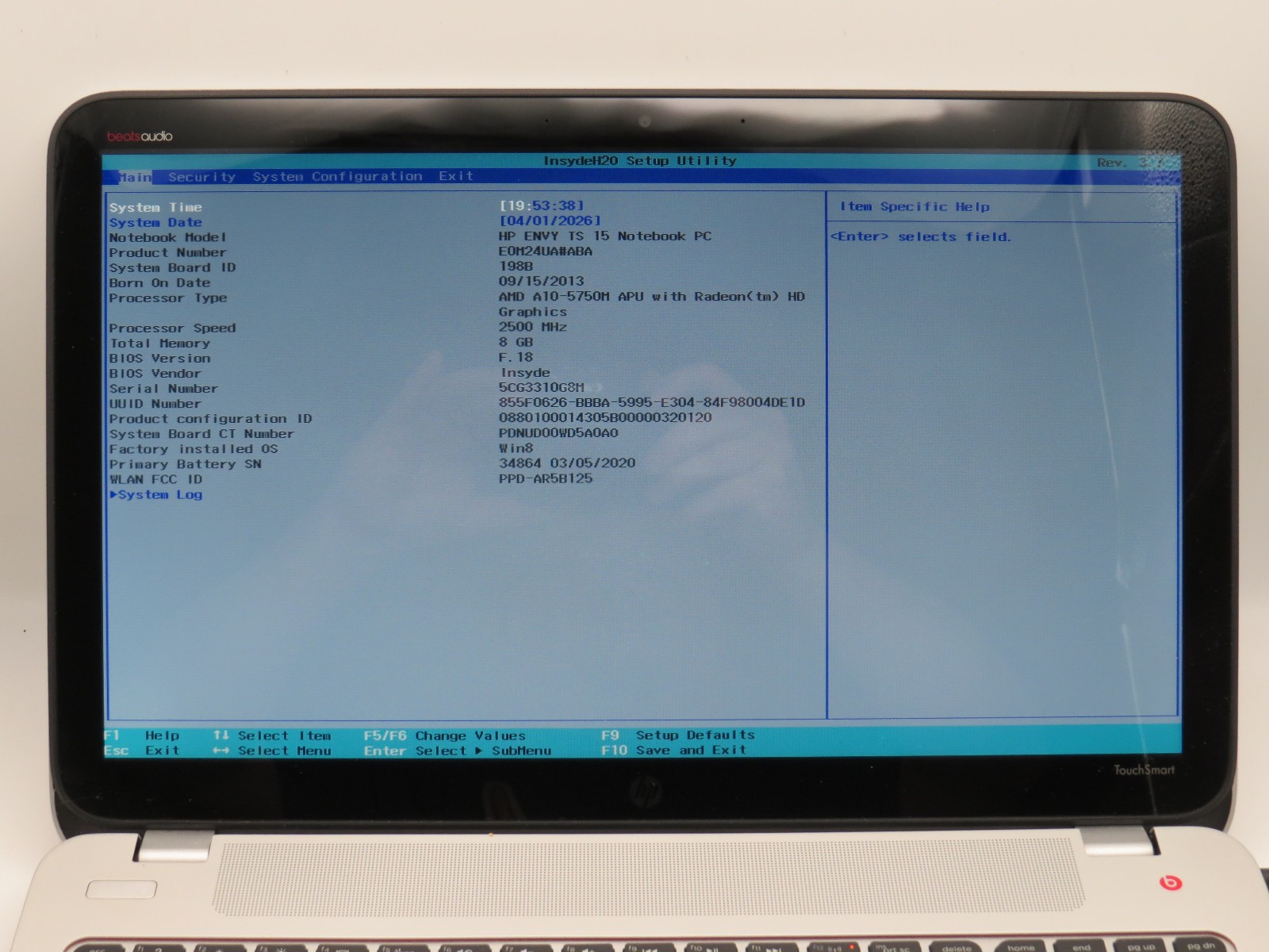 HP Envy TS A10-5750M @ 2.5Ghz 8GB DDR3 256 GB SSD 15.6″ No OS/AC